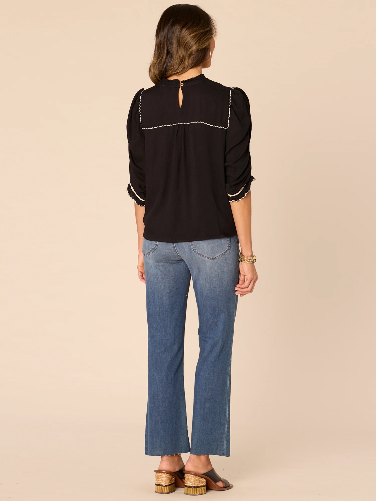 Elbow Puff Sleeve Round Neck Embroidered V-Yoke Plus Size Woven Top - Legahigh