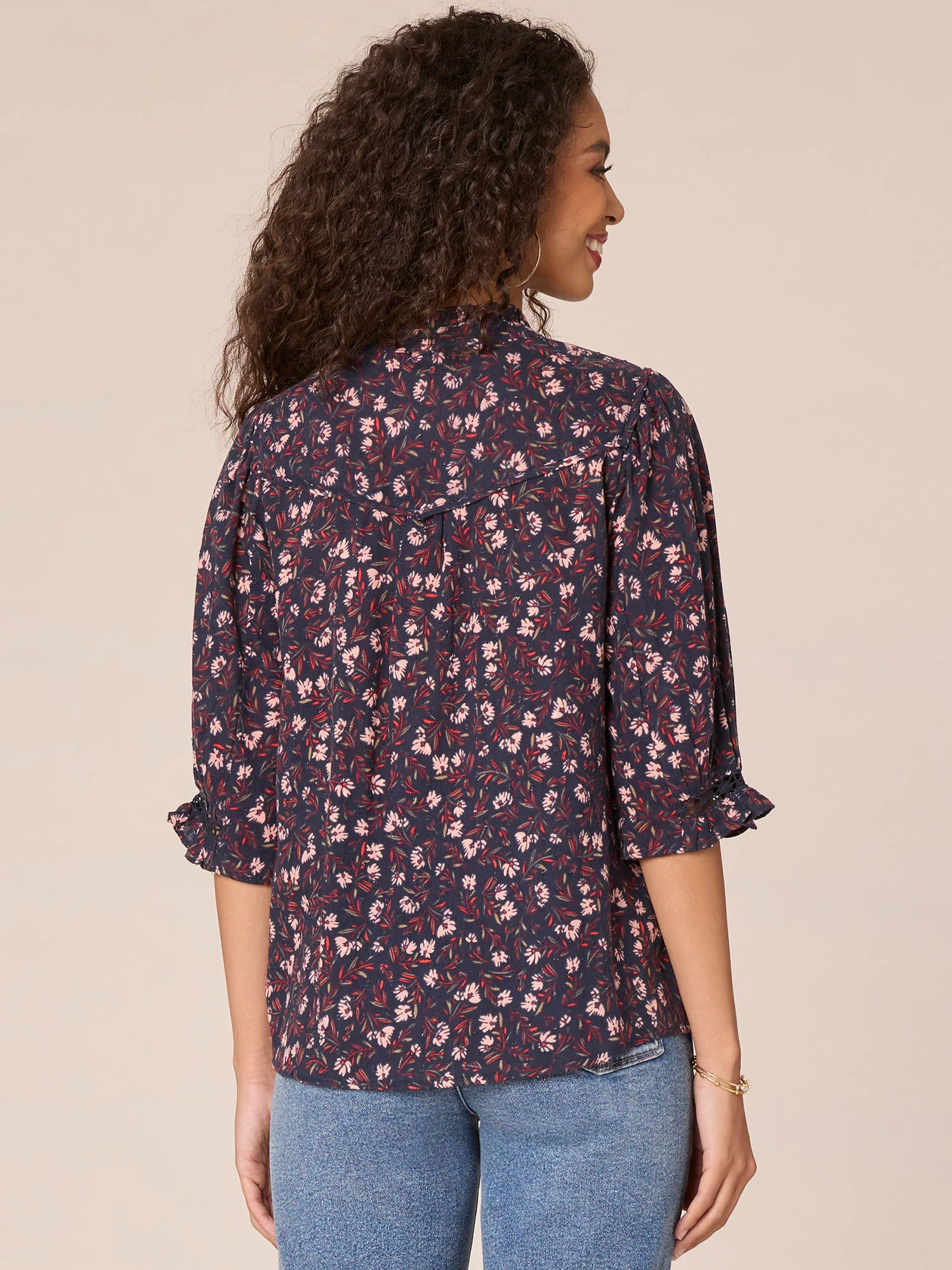 Lantern Sleeve V-Neck Crochet Inset Floral Print Petite Woven Top - Legahigh