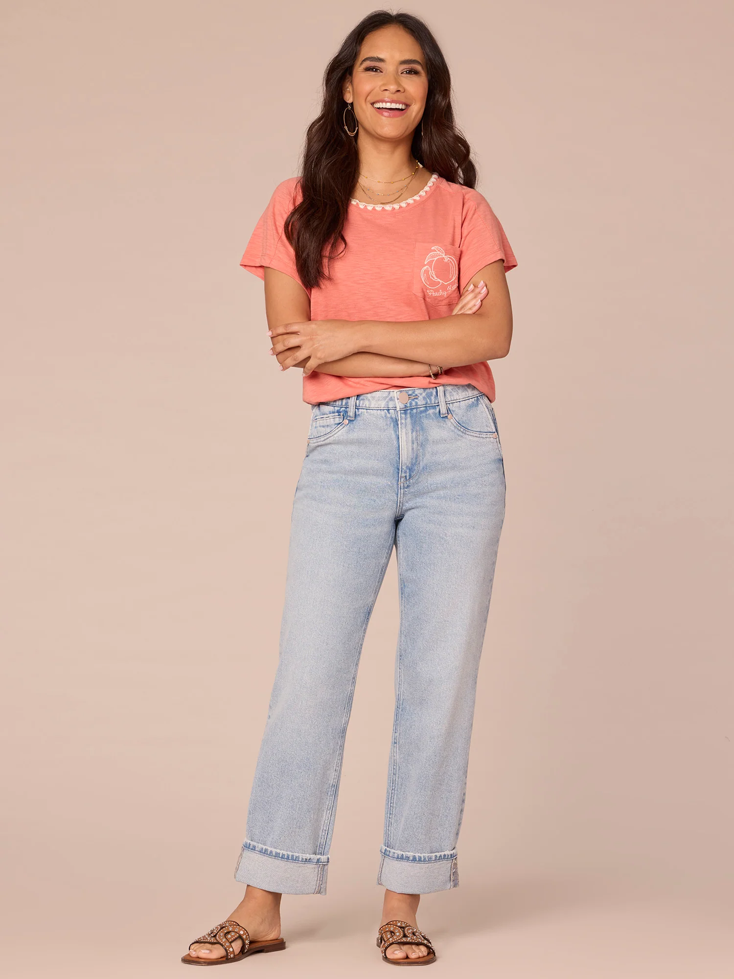 Short Sleeve Scoop Neck Embroidered Pocket Knit Boyfriend Tee - Legahigh