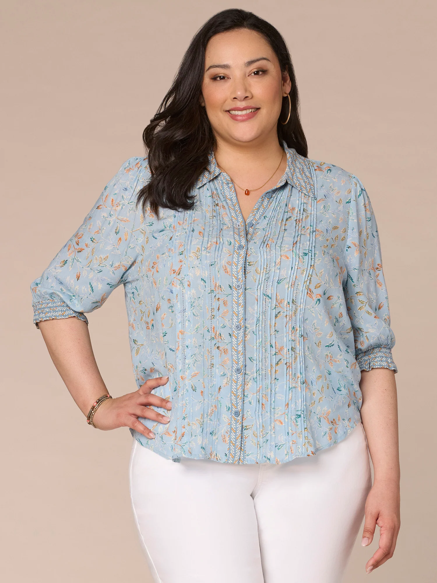 Elbow Sleeve Button Front Abstract Print Plus Size Woven Shirt - Legahigh