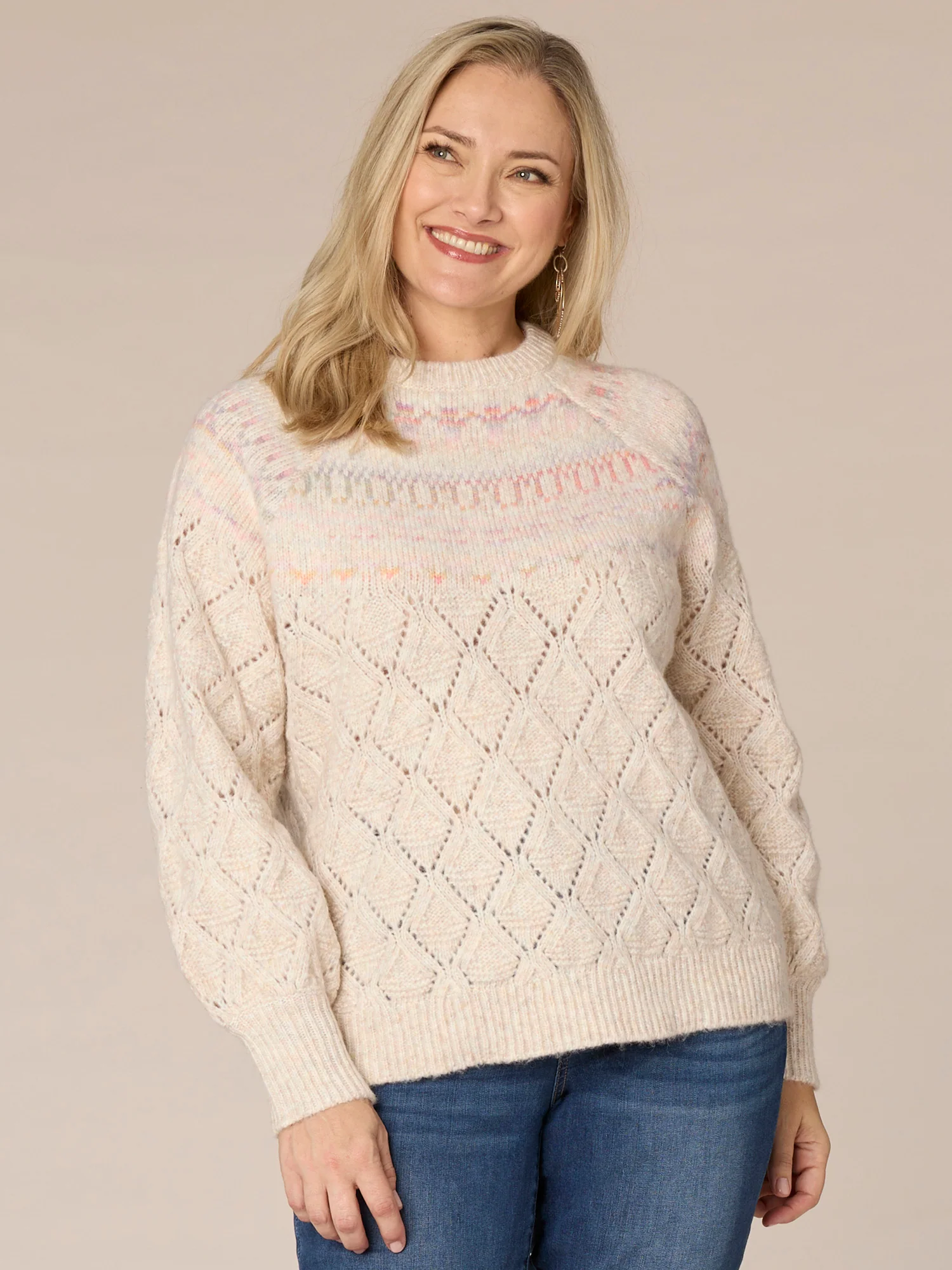 Long Banded Sleeve Round Neck Fair Isle Yoke Plus Size Sweater - Legahigh