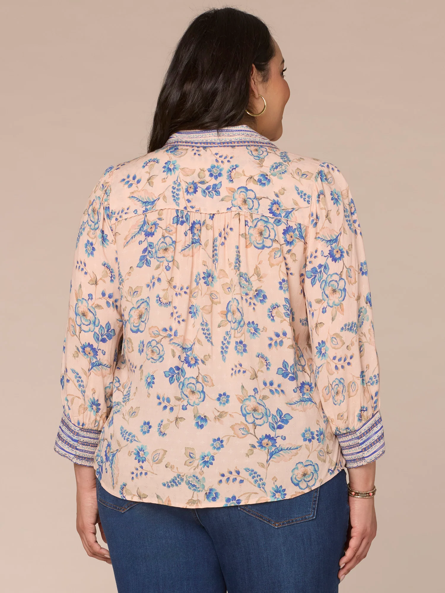 Three Quarter Sleeve Button Down Printed Plus Size Woven Shirt - Legahigh