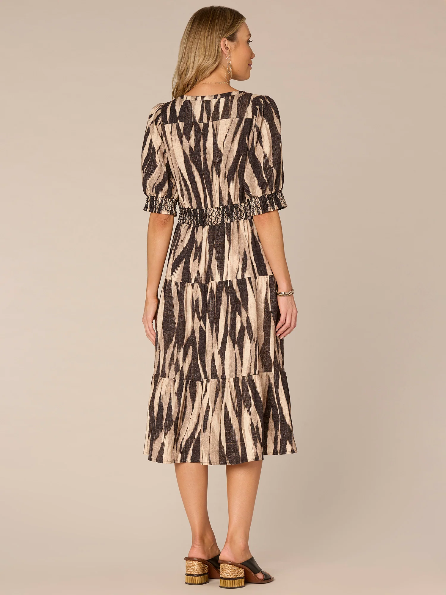 Elbow Sleeve Split Neck Cinched Three-Tier Printed Petite Woven Dress - Legahigh