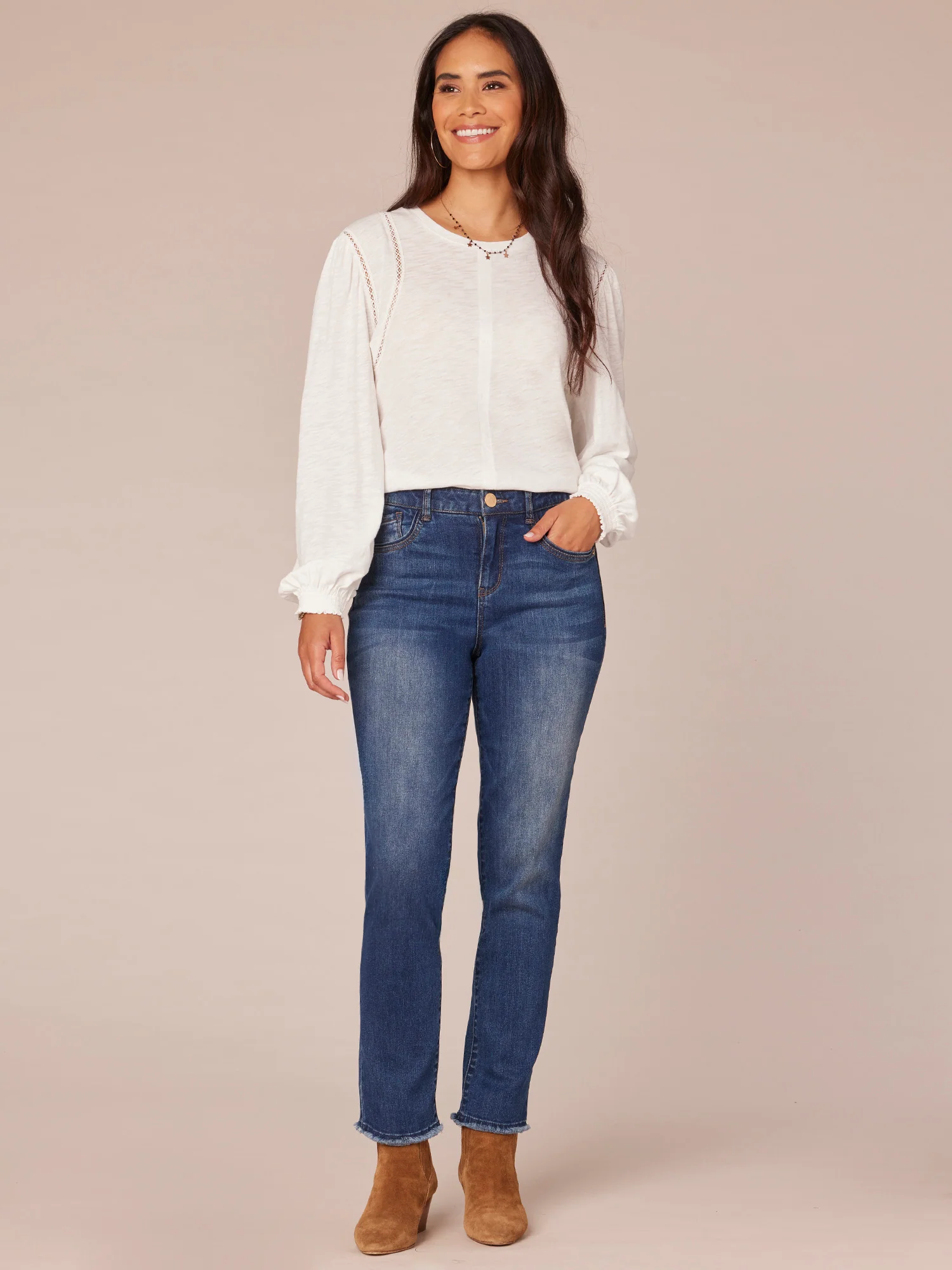 Long Puff Ruffle Sleeve Crew Neck Ladder Crochet Knit Top - Legahigh