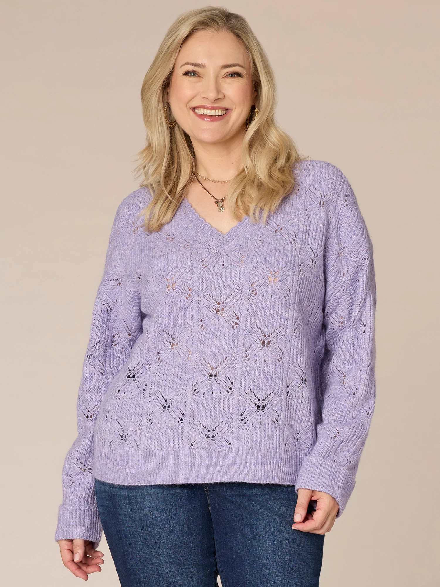 Long Cuffed Sleeve V-Neck Pointelle Stitch Plus Size Sweater - Legahigh