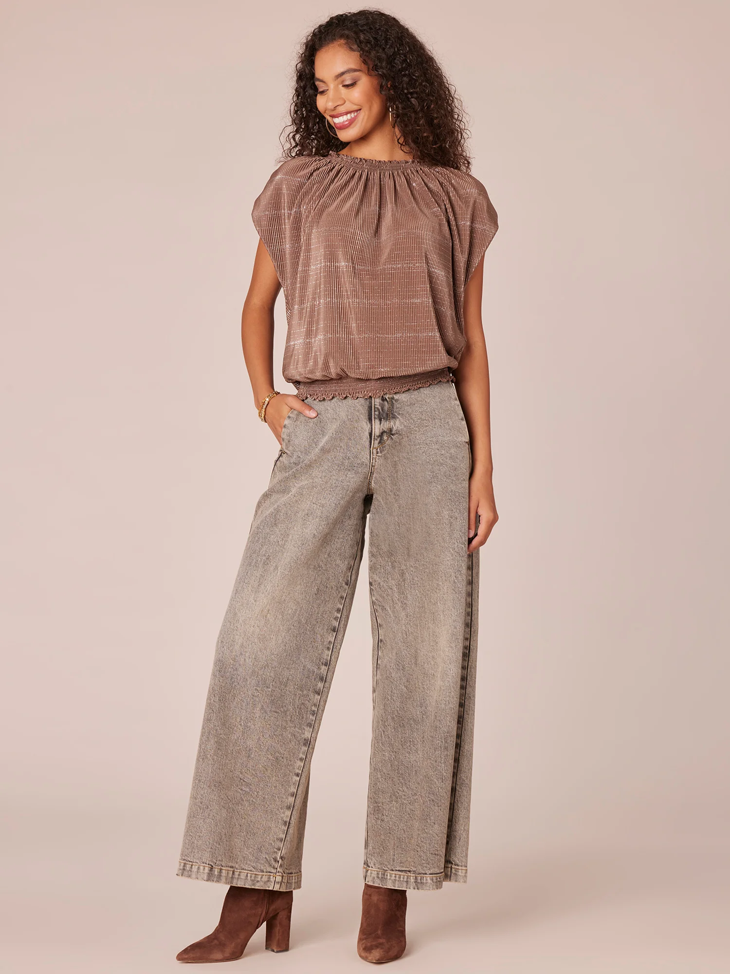 Extended Cap Sleeve Smocked Crew Neck Stripe Print Knit Top - Legahigh