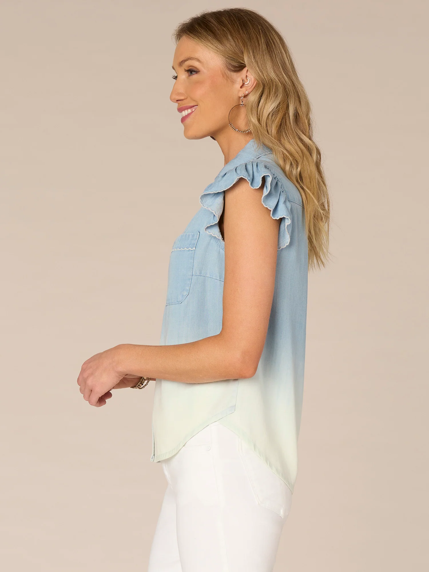 Scallop Edge Flutter Sleeve Collared Petite Woven Shirt with Pocket - Legahigh