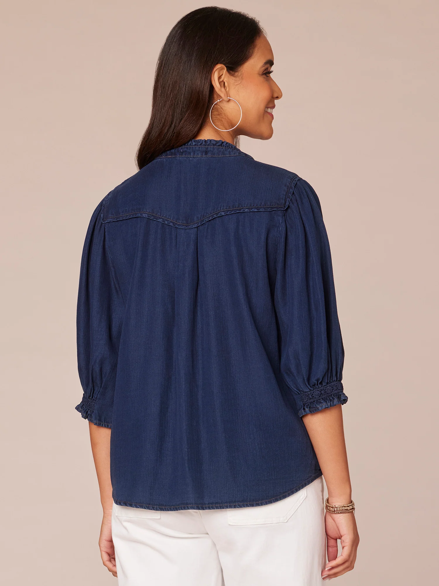 Cinched Band Sleeve V-Neck Button Down Crochet Inset Petite Woven Top - Legahigh