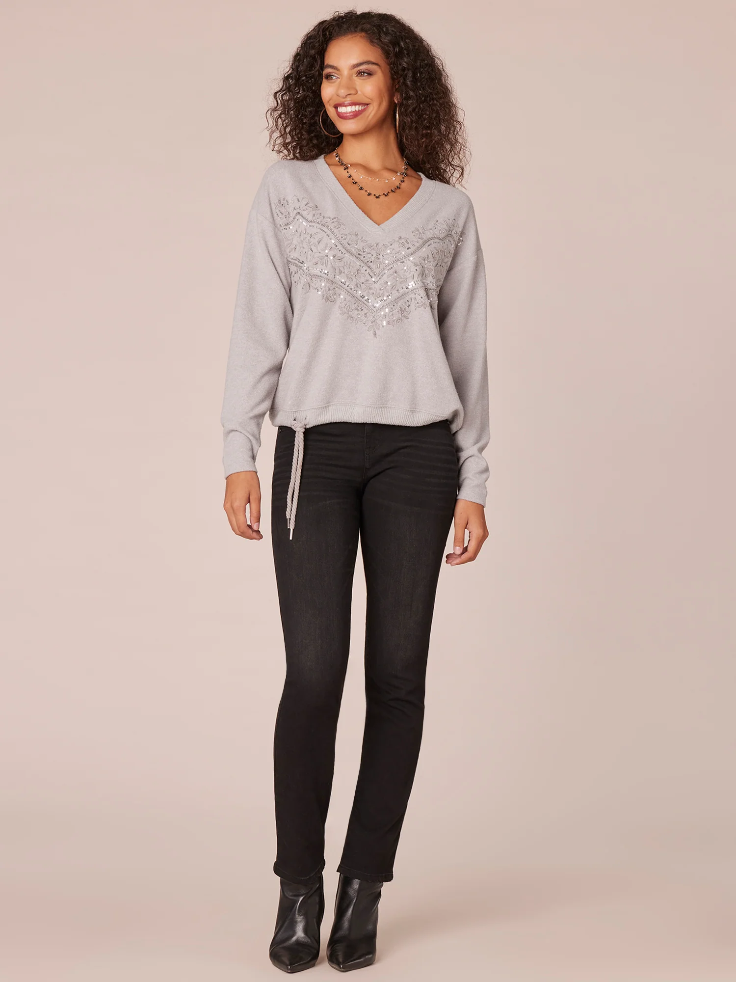 Long Sleeve V-Neck Sequin Embroidered Knit Top with Tied Hem - Legahigh