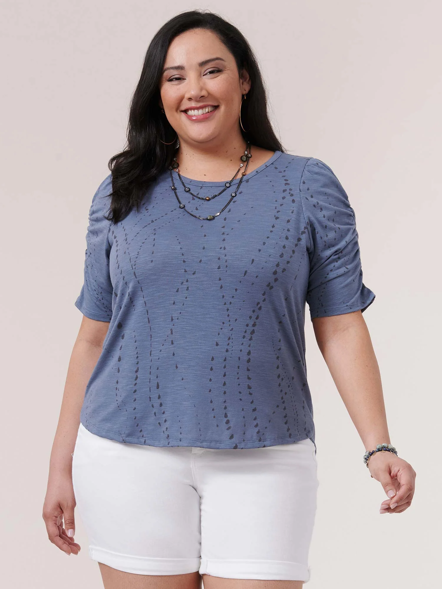 Ruched Elbow Sleeve Scoop Neck Dot Print Plus Knit Top - Legahigh