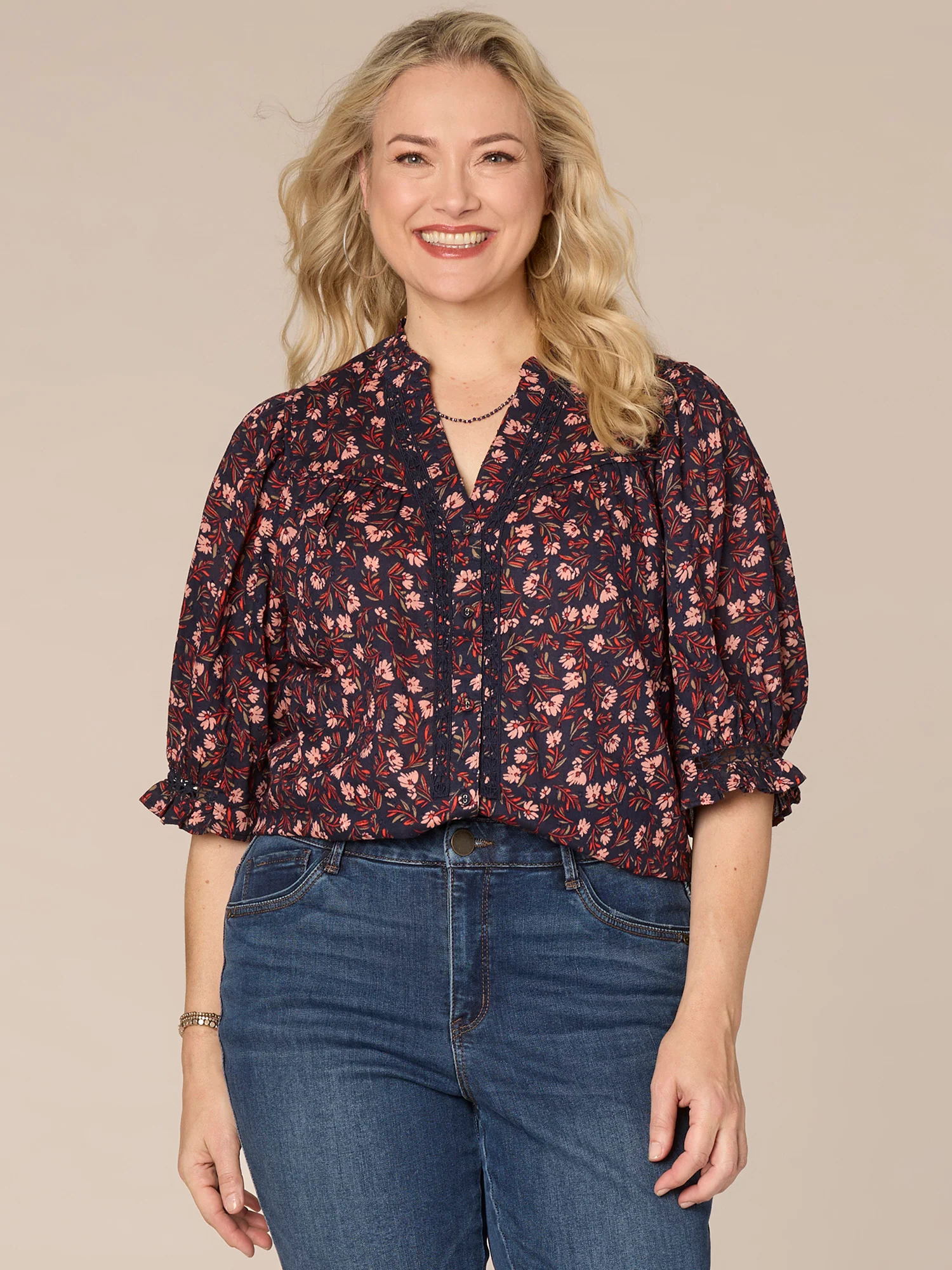 Cinched Sleeve Ruffle V-Neck Crochet Inset Printed Plus Size Woven Top - Legahigh