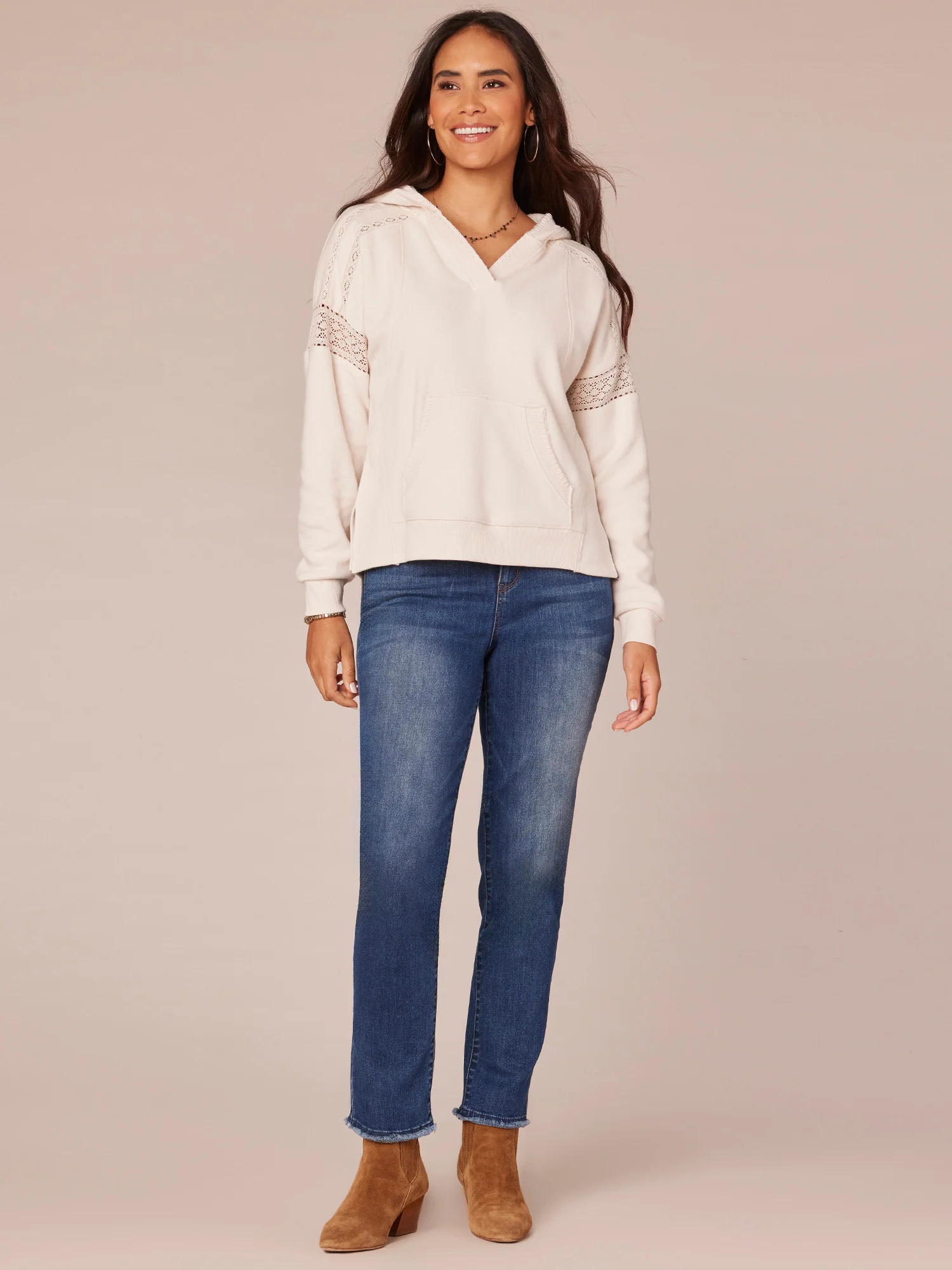 Long Sleeve Half Placket Mixed Media Knit Hoodie with Blanket Stitch - Legahigh