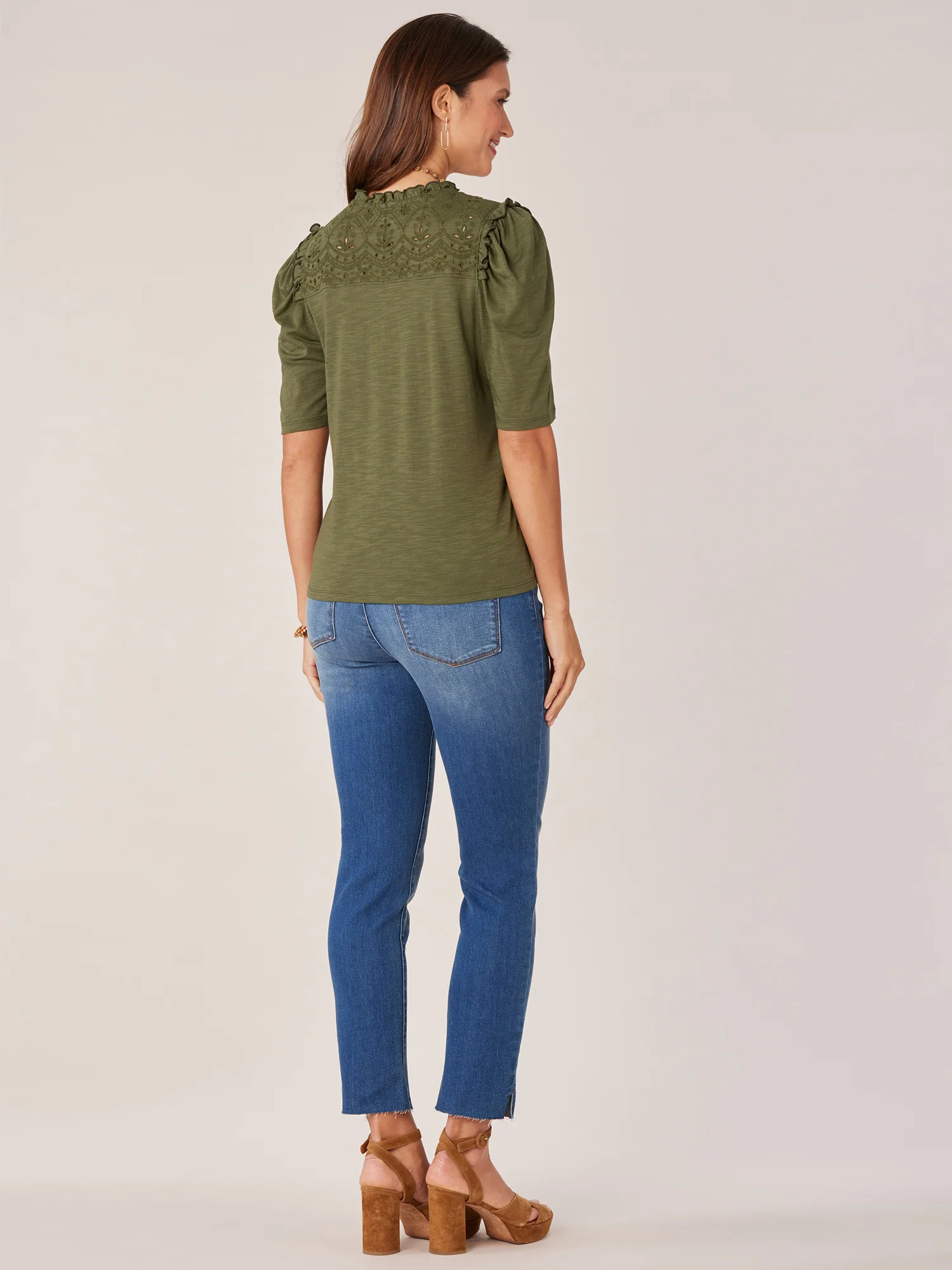 Round Ruffle Neck Elbow Puff Sleeve Half Button Down Knit Top - Legahigh