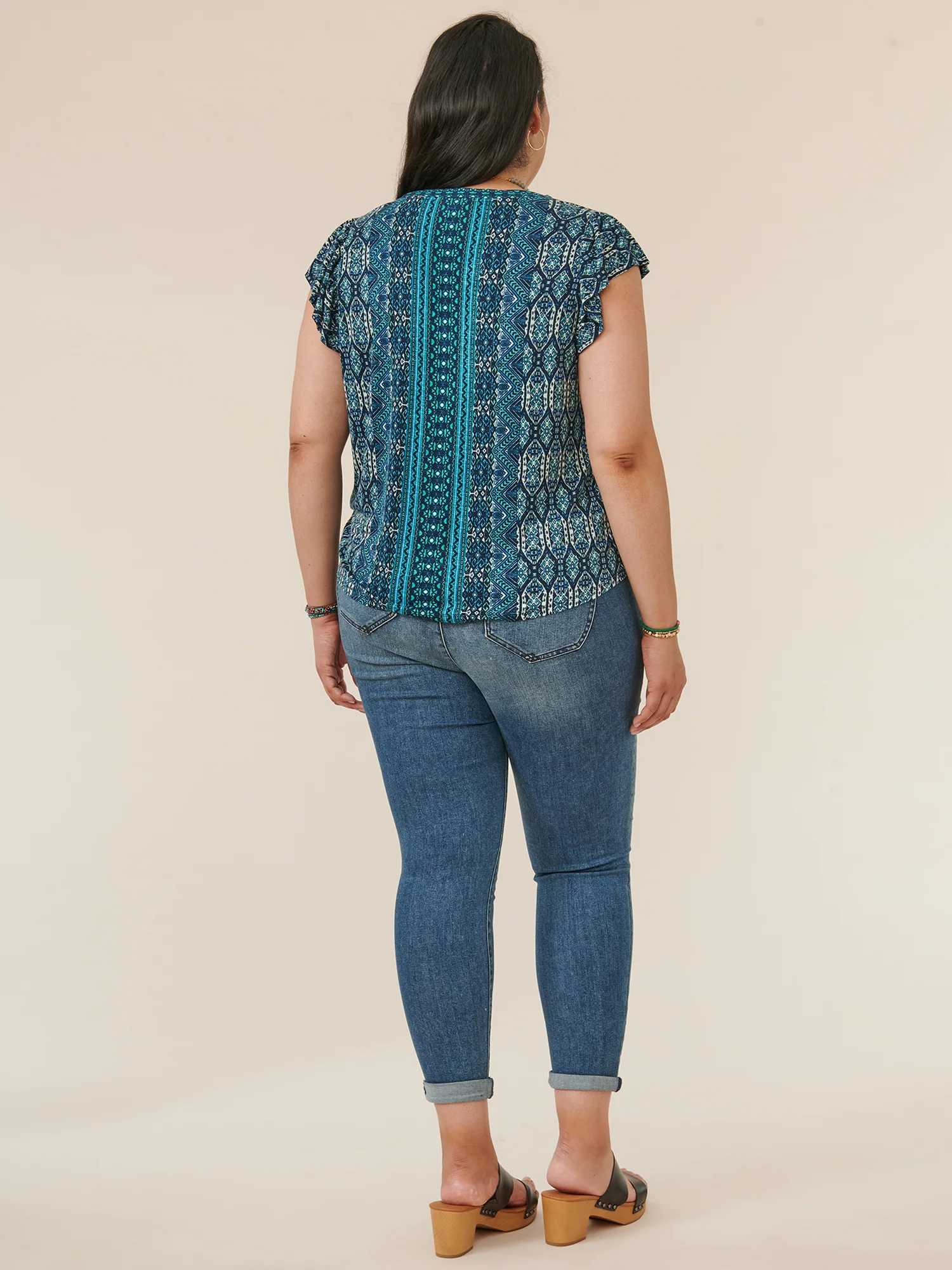 Flutter Sleeve V-Neck Tie Front Abstract Print Plus Size Knit Top - Legahigh