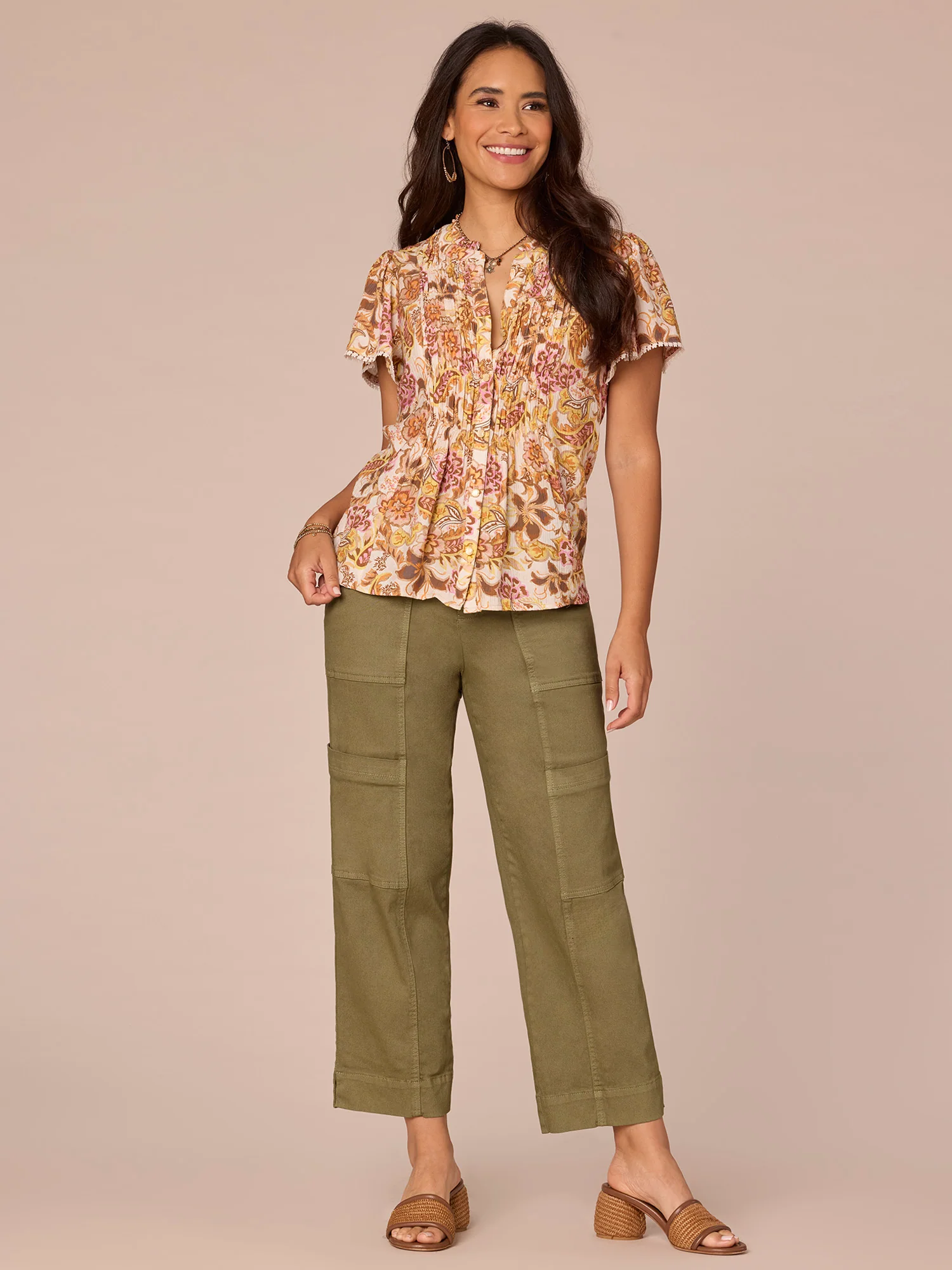 Short Sleeve Stand Collar Button Down Placket Printed Woven Top - Legahigh