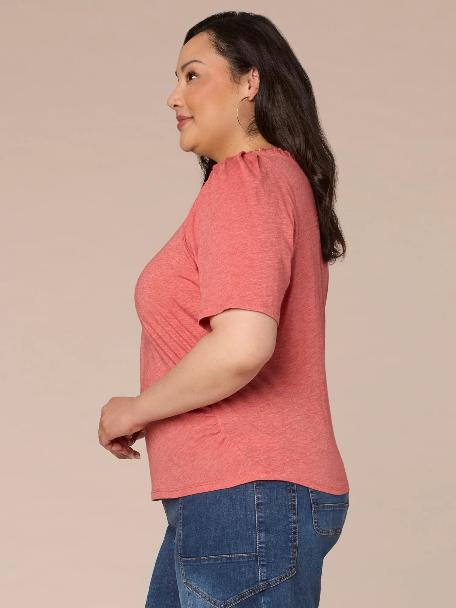 Pleated Elbow Sleeve Scoop Neck Plus Size Knit Top with Side Ruching - Legahigh