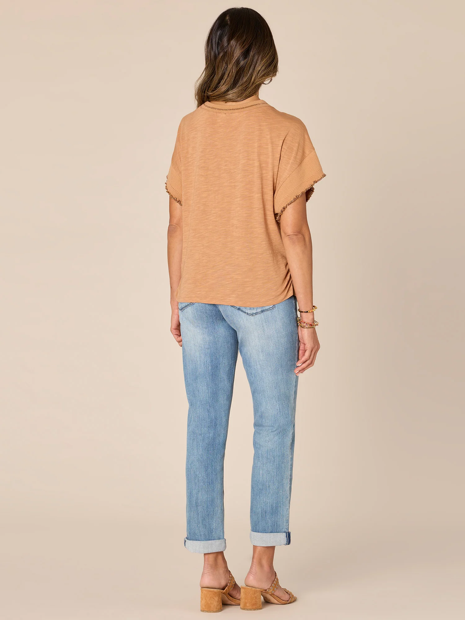 Extended Short Sleeve Round Neck Woven Top with Metallic Tipping - Legahigh