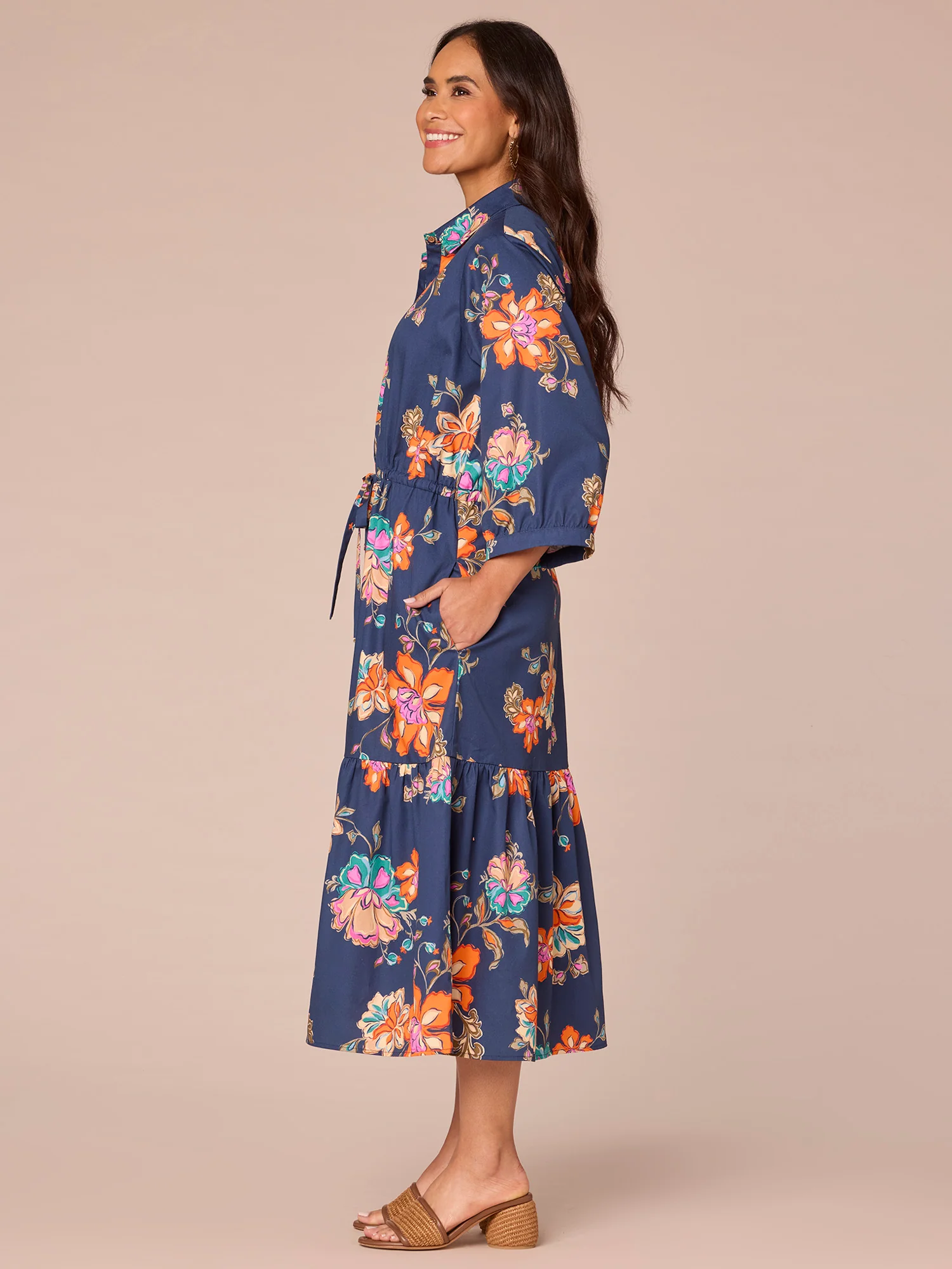 Blouson Sleeve Collared Button Down Self Tie Floral Print Woven Dress - Legahigh