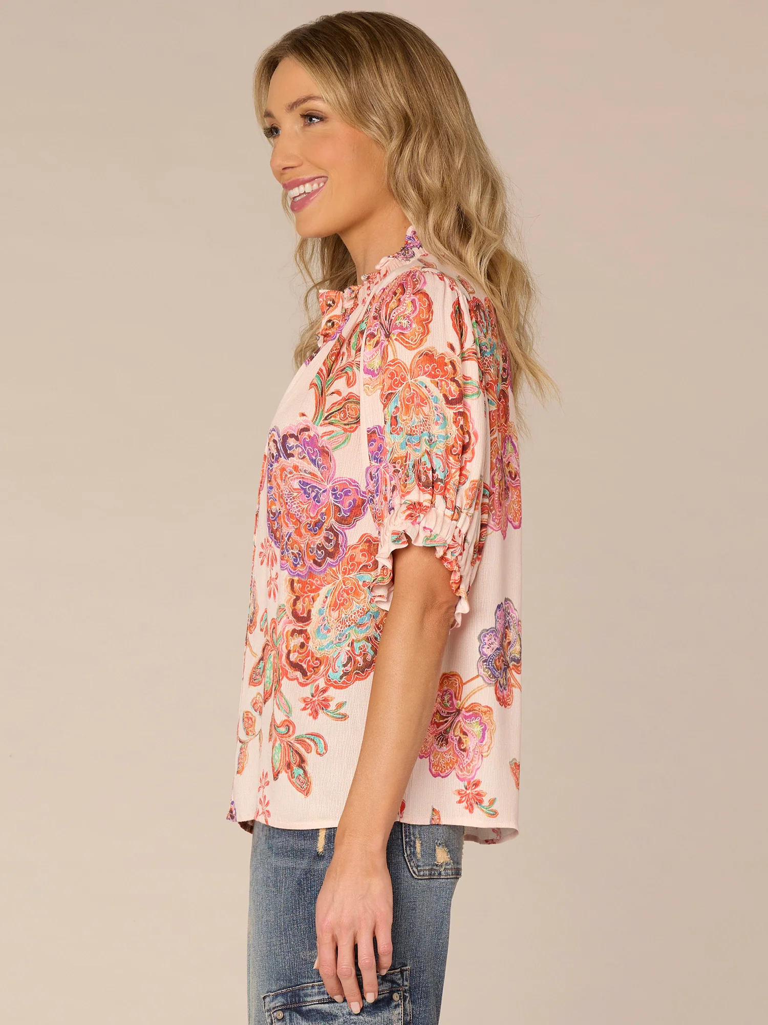 Elbow Puff Sleeve Split Neck Button Down Printed Petite Woven Top - Legahigh