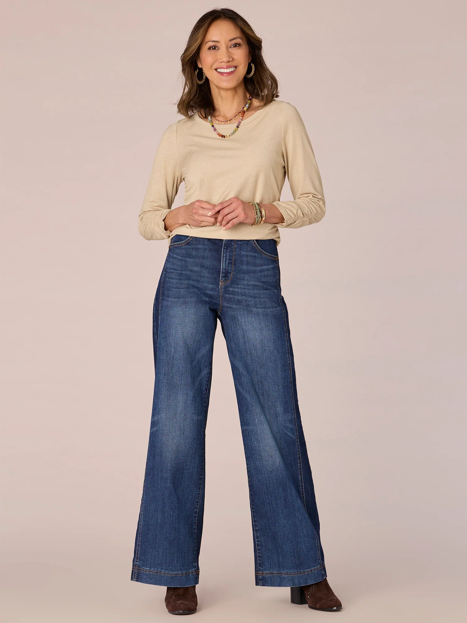 Three Quarter Sleeve Scoop Neck Ruched Side Knit Top - Legahigh