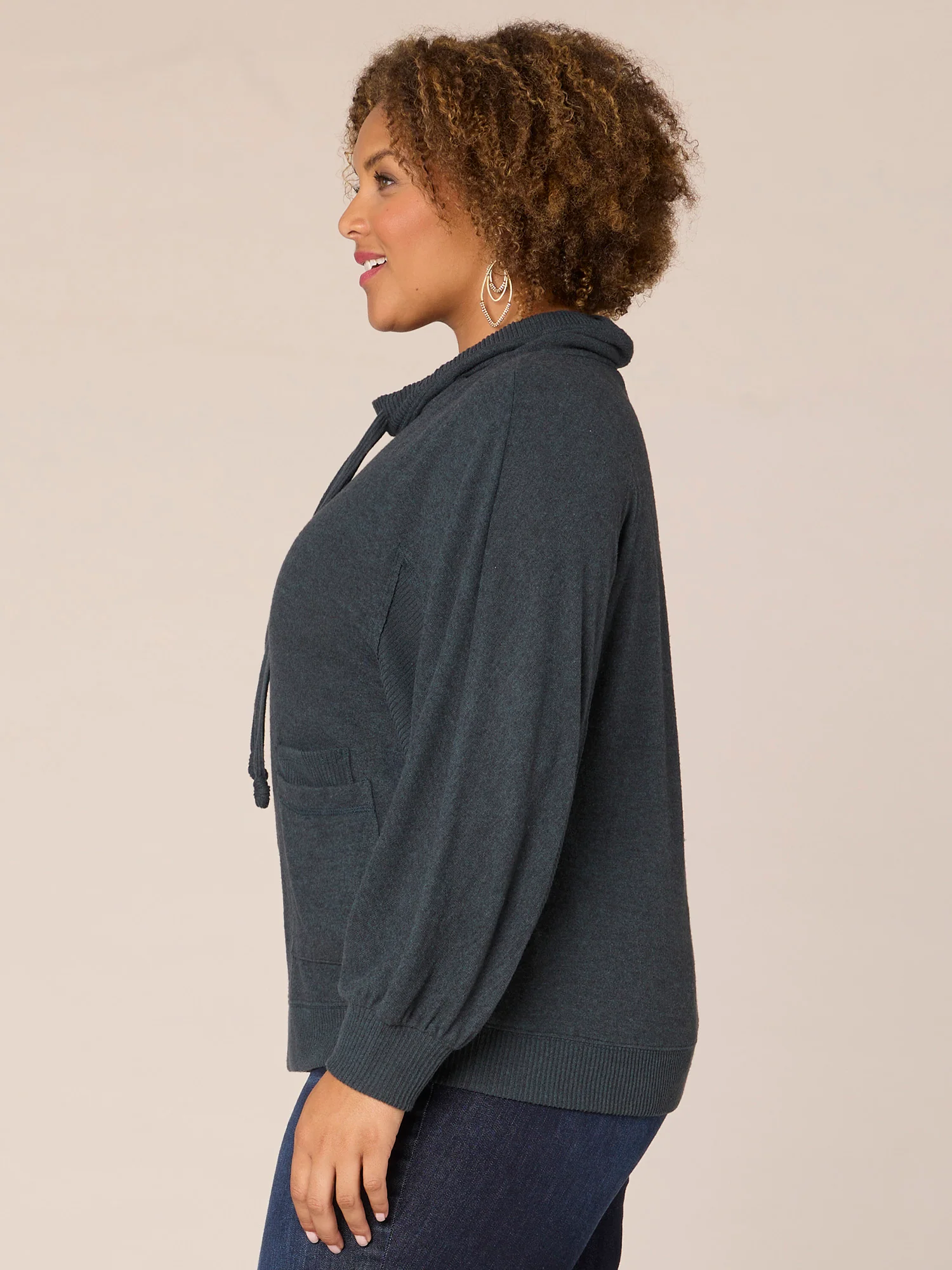Blouson Sleeve Funnel Neck Double Pocket Plus Size Knit Top - Legahigh