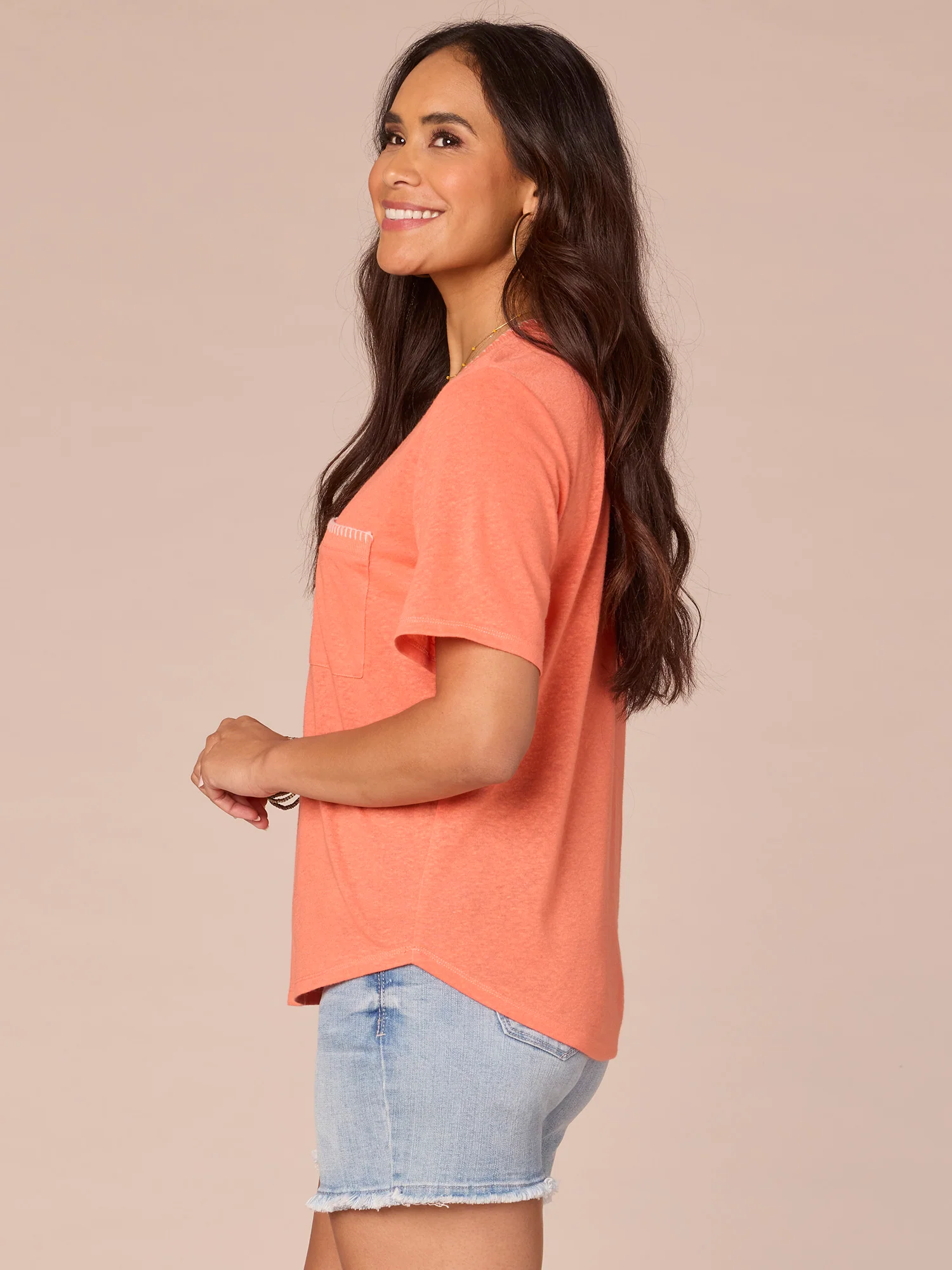 Short Sleeve V-Neck Contrast Blanket Stitch Pocket Knit Top - Legahigh