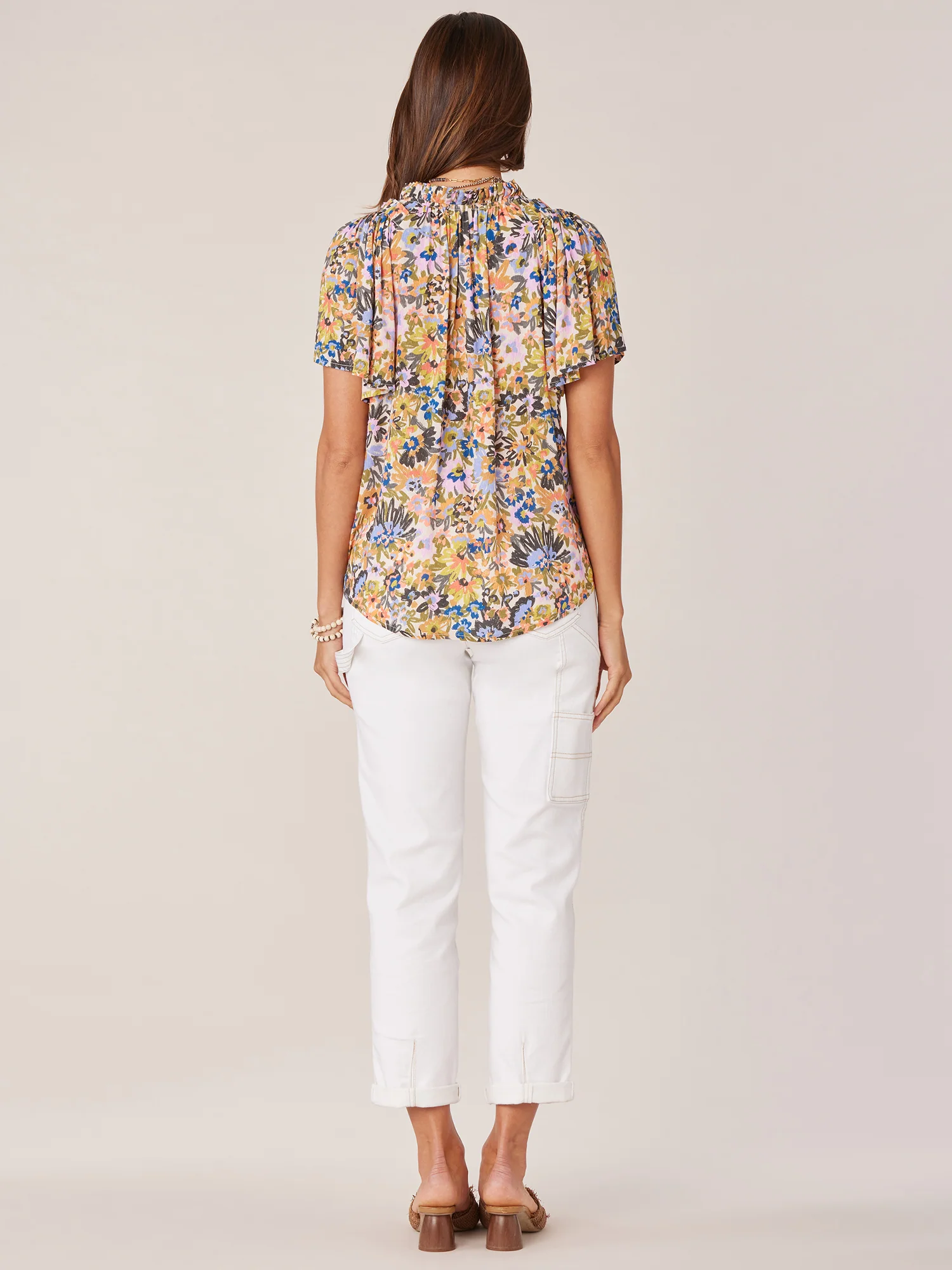 Petite Bell Sleeve V-Neck Half Button Front Floral Print Woven Top - Legahigh