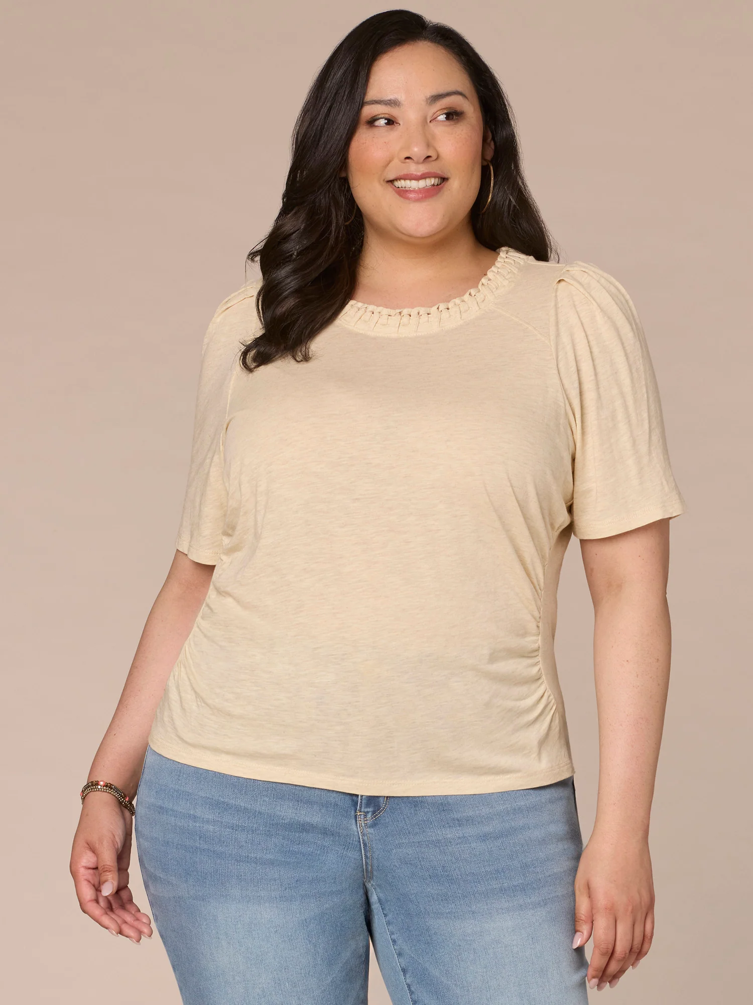 Pleated Elbow Sleeve Scoop Neck Plus Size Knit Top with Side Ruching - Legahigh