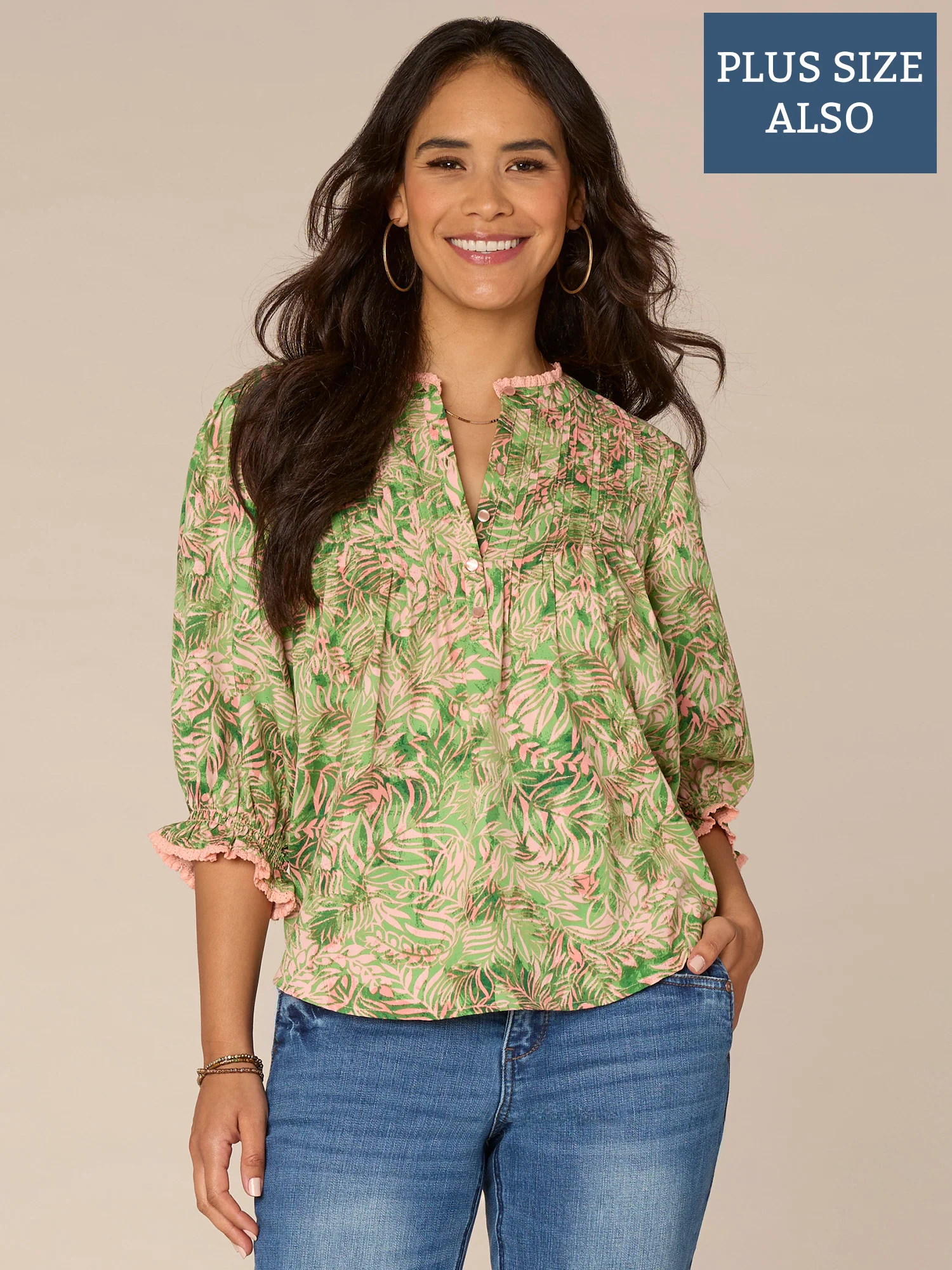 Elbow Sleeve Stand Collar Button Front Leaf Print Plus Size Woven Top - Legahigh