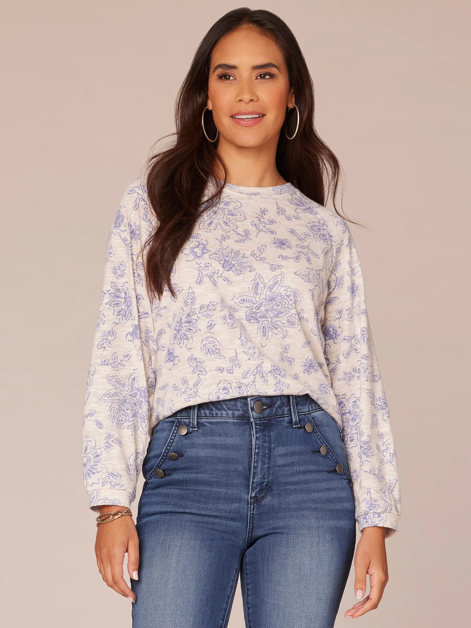 Long Raglan Sleeve Scoop Neck Floral Print Knit Top - Legahigh