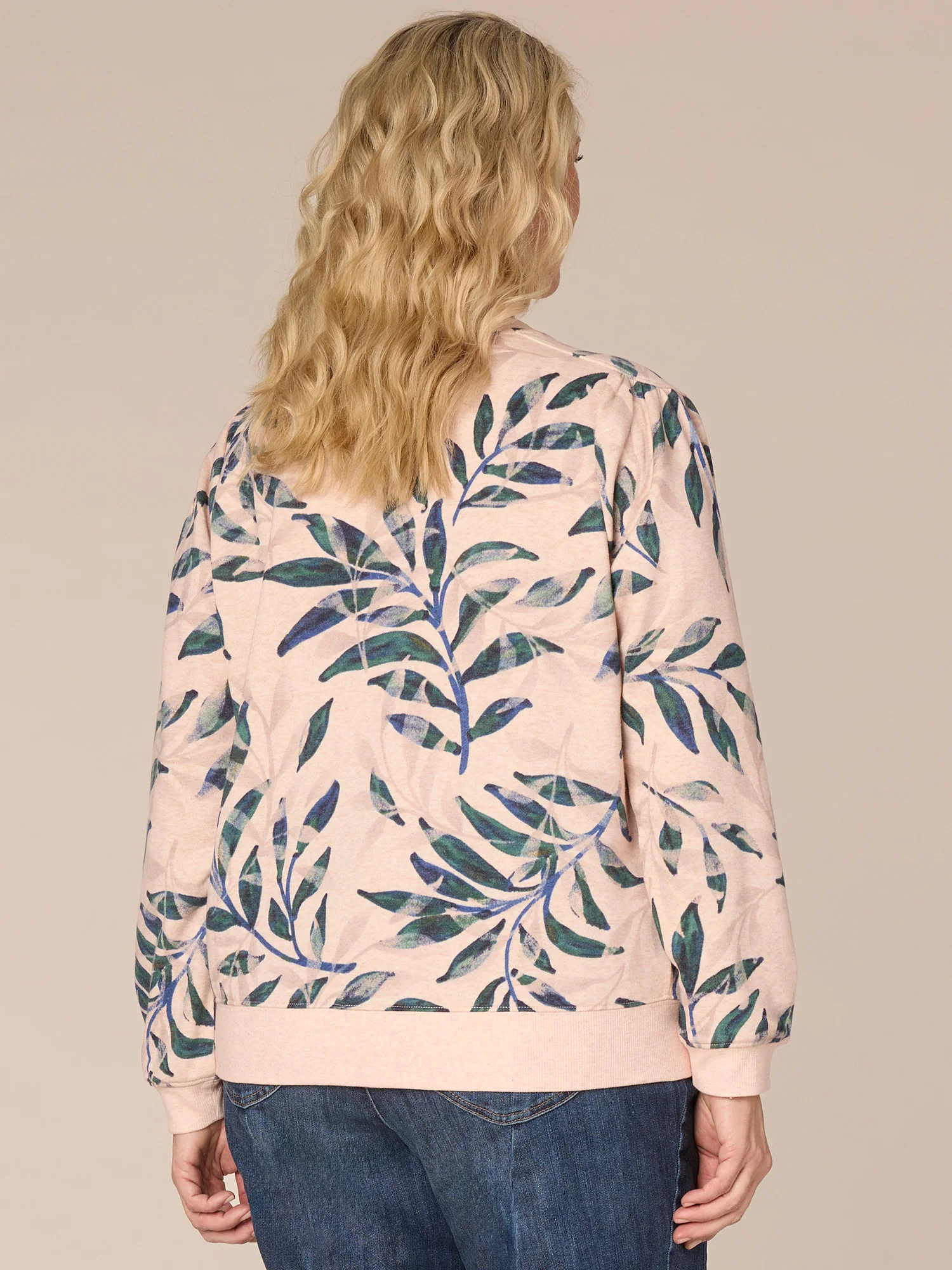 Long Banded Sleeve Scoop Neck Leaf Print Plus Size Knit Sweatshirt - Legahigh