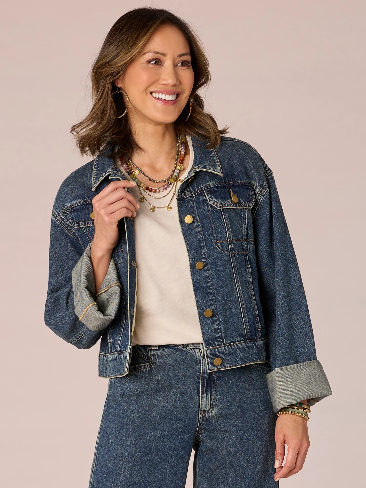 Long Wide Fixed Cuff Sleeve Button Front Denim Jacket - Legahigh