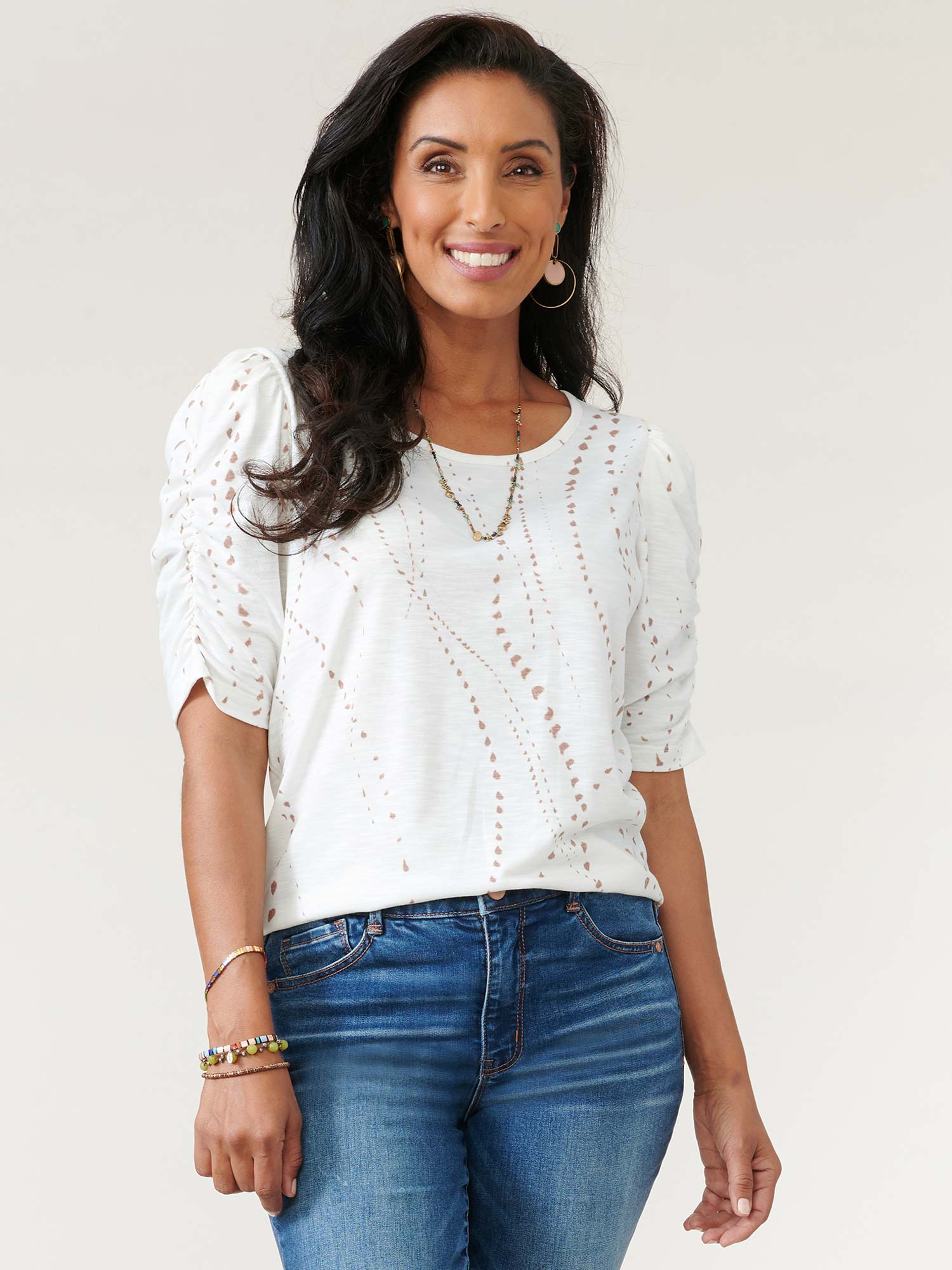 Ruched Elbow Sleeve Scoop Neck Dot Print Knit Top - Legahigh