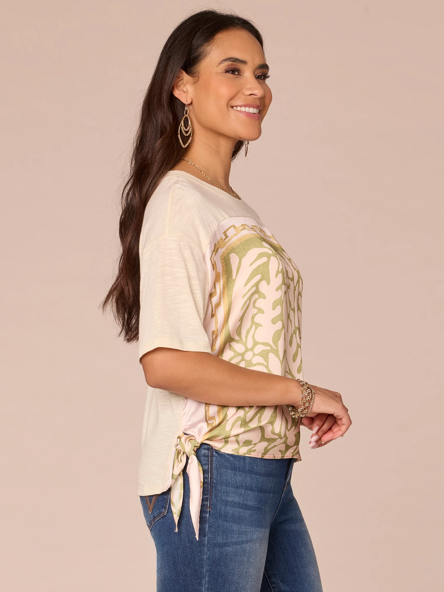 Elbow Sleeve Scoop Neck Side Tie Placement Print Mixed Media Knit Top - Legahigh