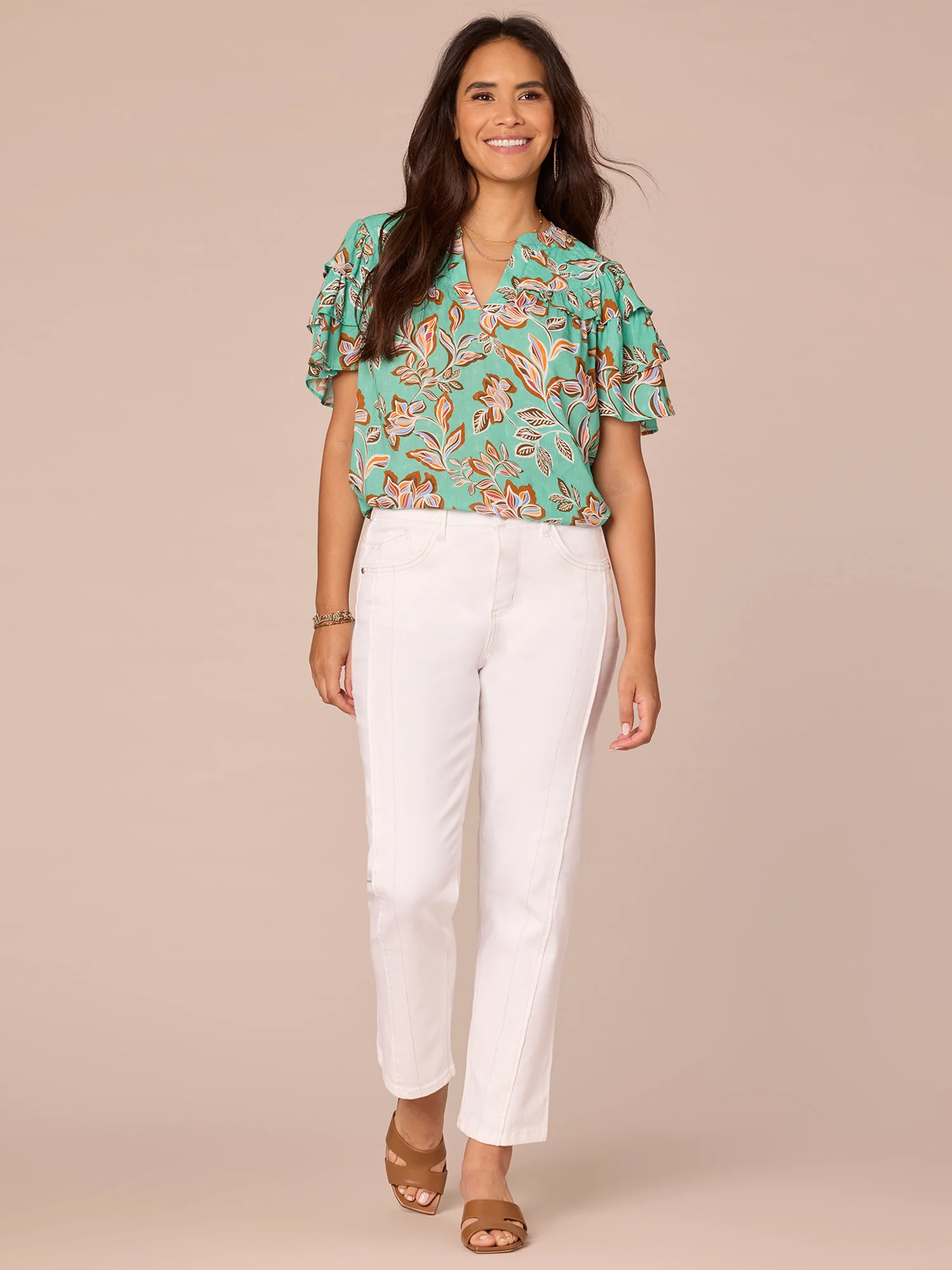 Triple Flounce Sleeve V-Notch Stitched Yoke Neck Printed Woven Top - Legahigh