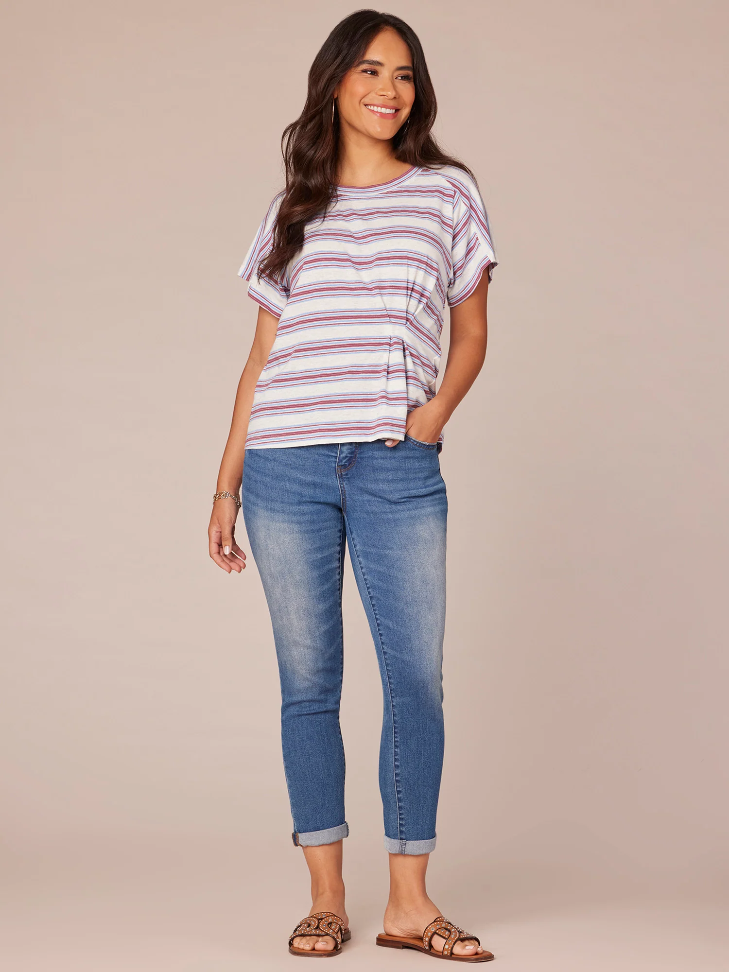 Short Sleeve Crew Neck Side Pleat Stripe Print Knit Top - Legahigh