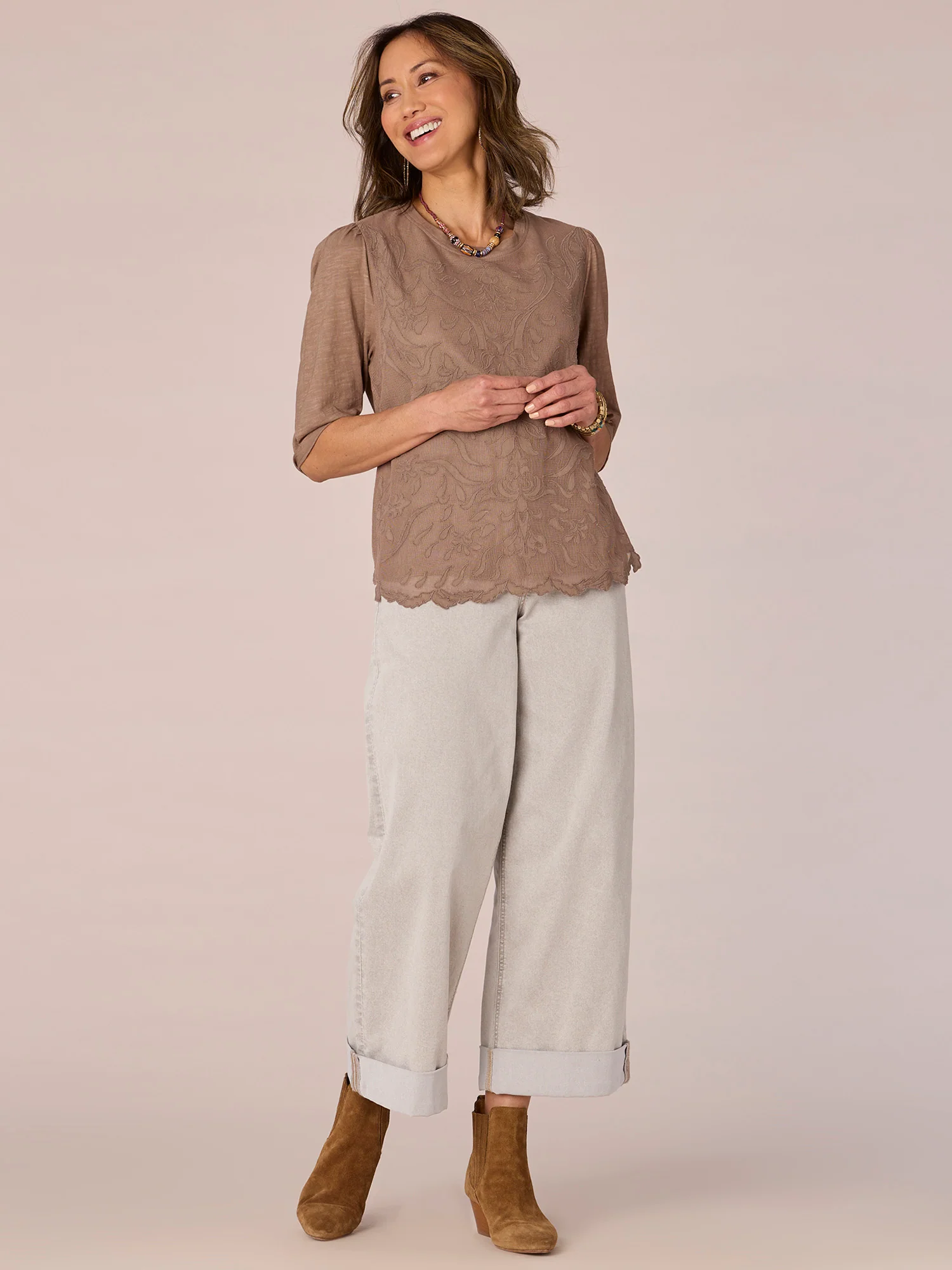 Cuffed Elbow Sleeve Round Neck Die Cut Front Petite Woven Top - Legahigh