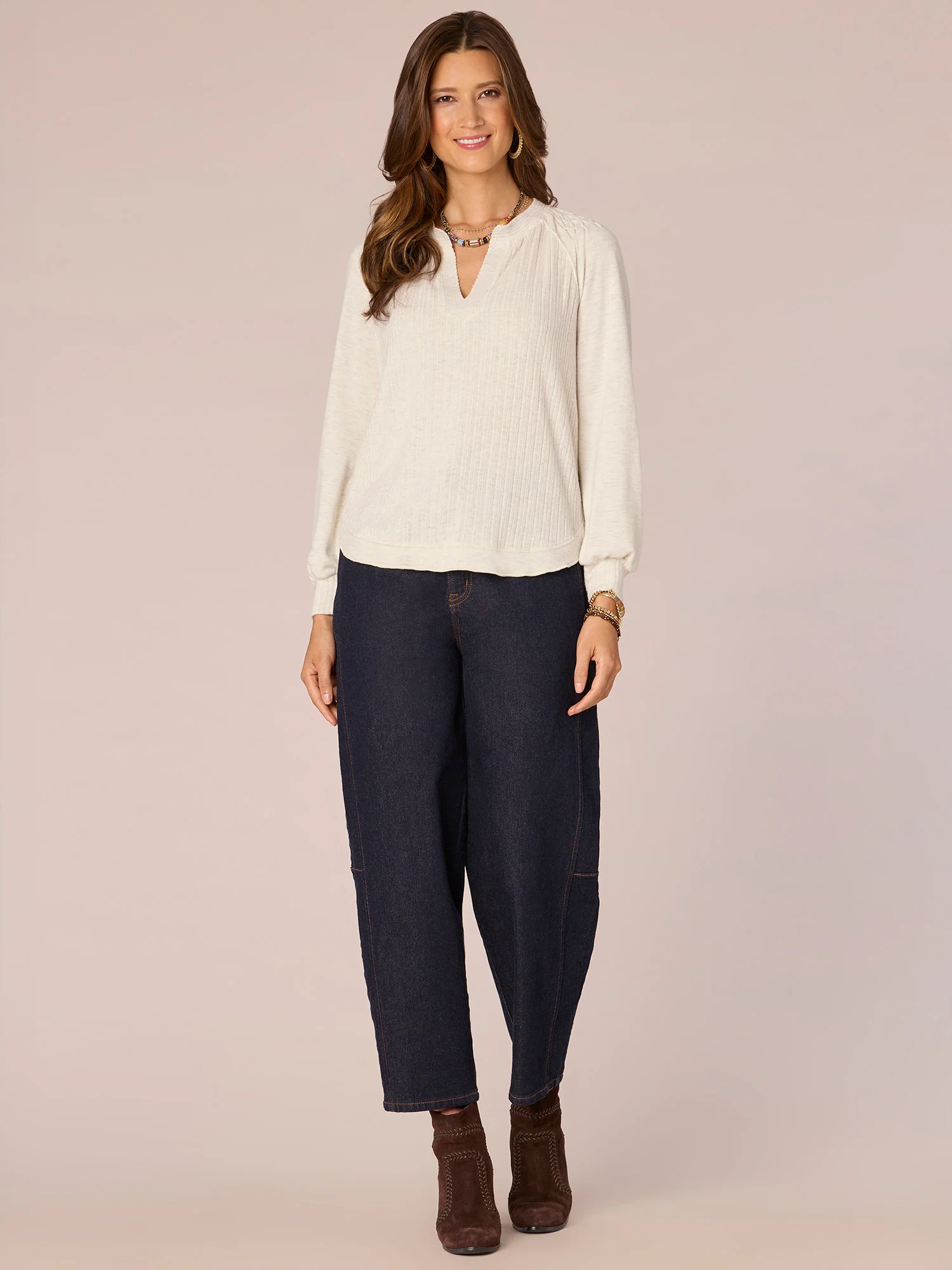 Long Blouson Sleeve Mandarin Collar V-Placket Petite Knit Top - Legahigh