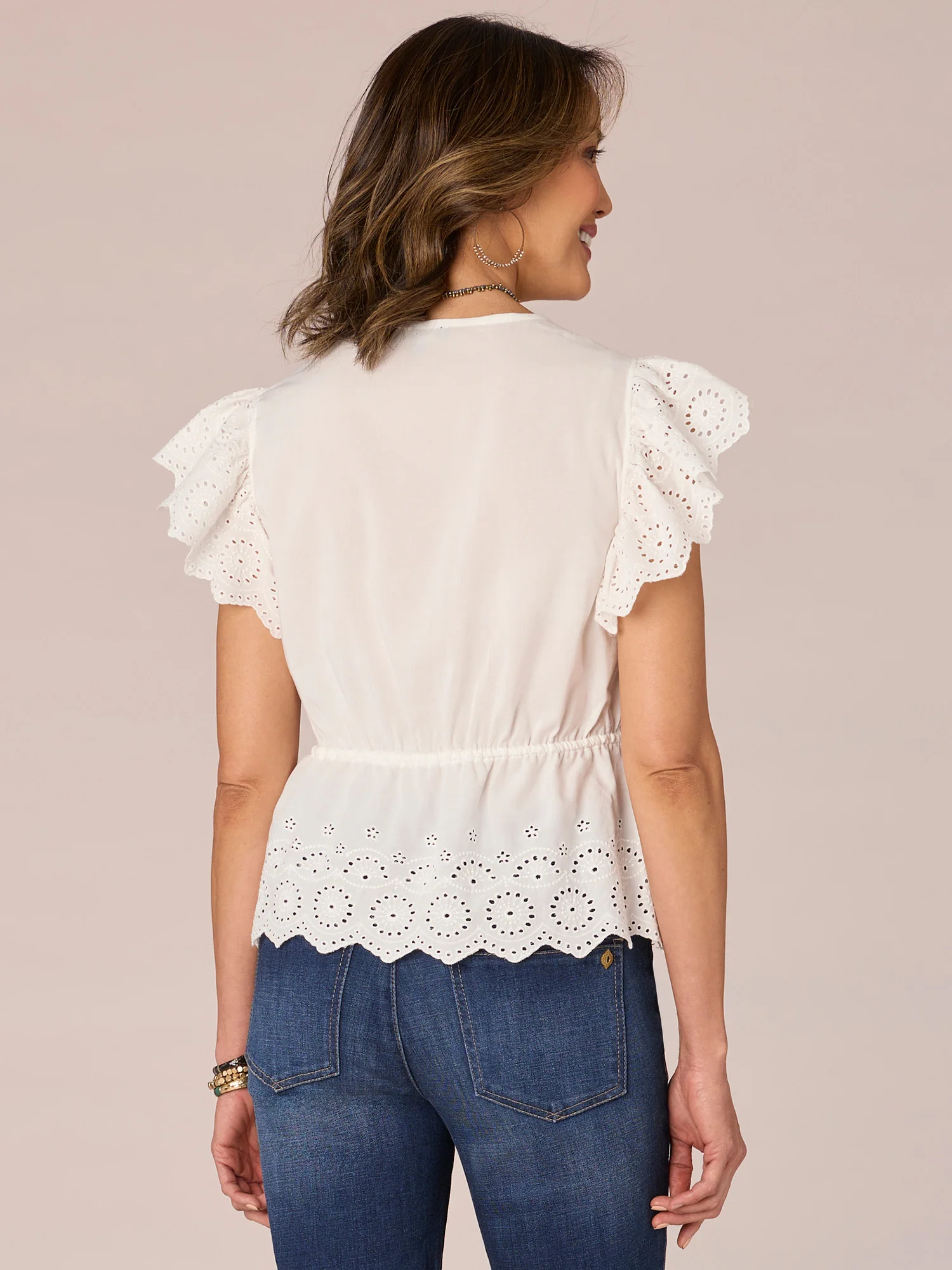 Short Flounce Sleeve V-Neck Embroidered Peplum Woven Top - Legahigh