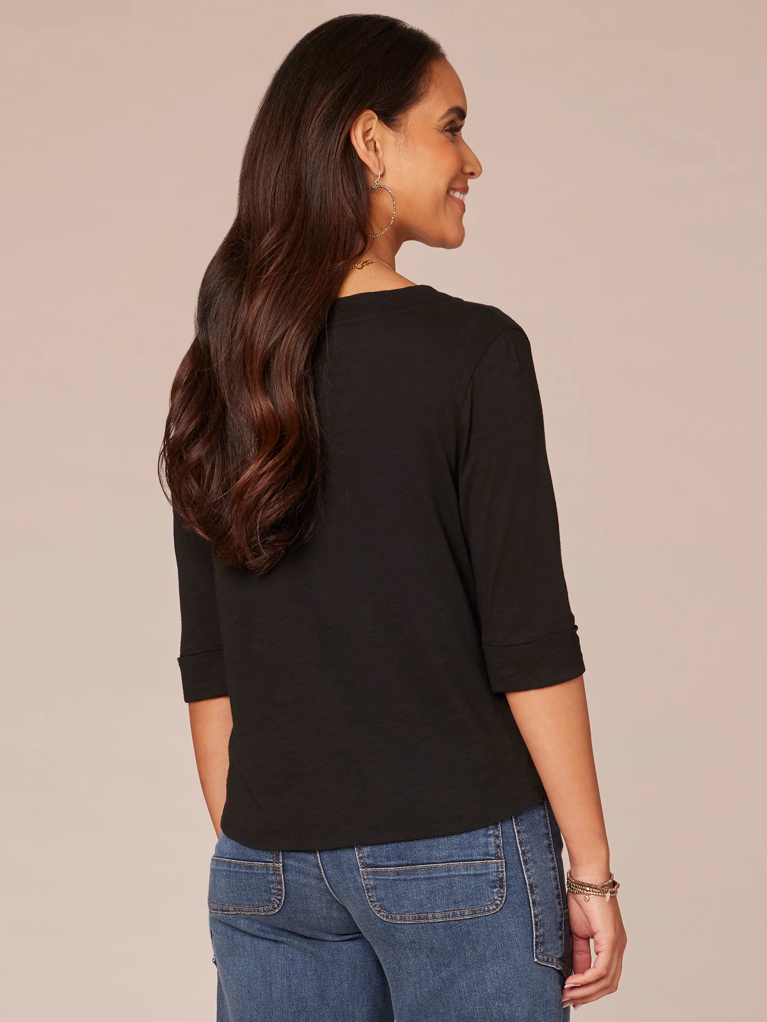 Elbow Roll Cuff Sleeve Split V-Neck Surplus Hem Knit Top - Legahigh