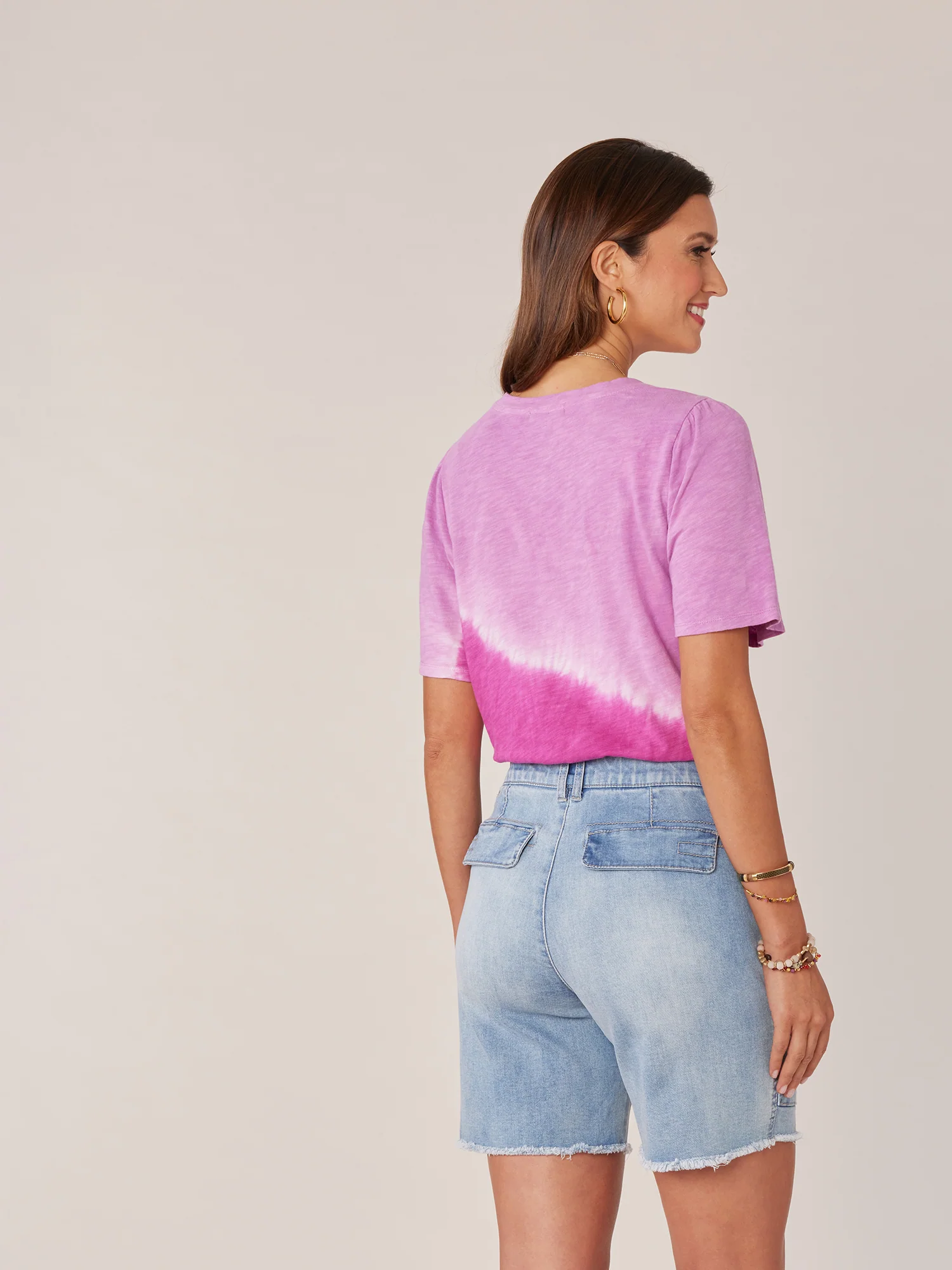 Short Bell Sleeve Scoop Neck Placement Tie Dye Knit Tee - Legahigh