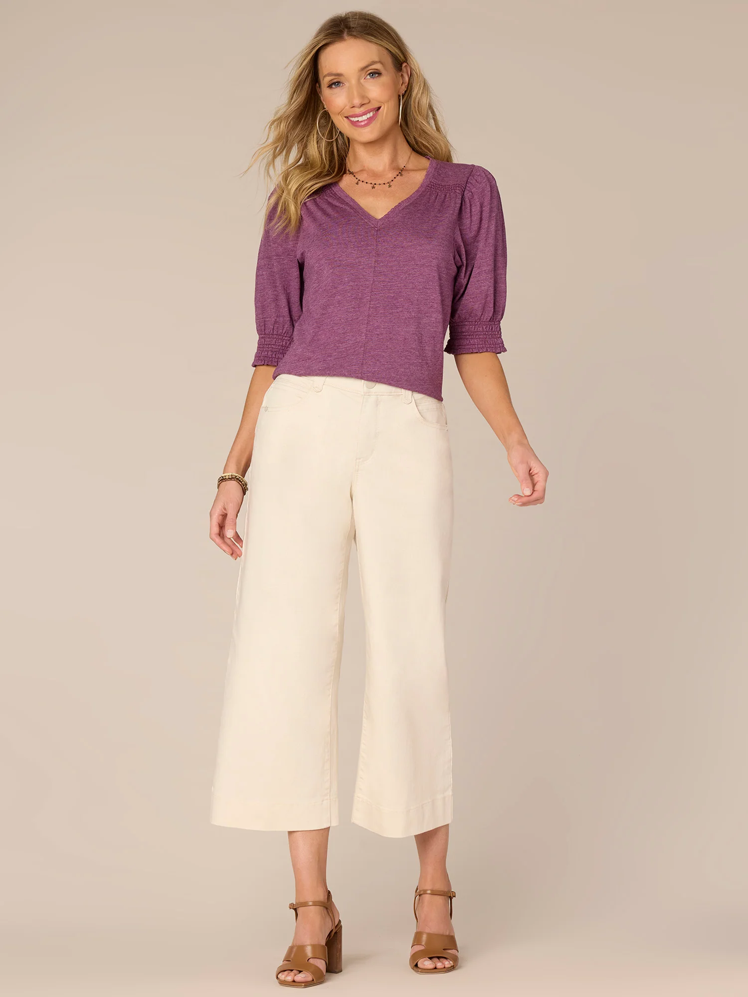 Blouson Sleeve V-Neck Plus Size Knit Top with Smocking Detail - Legahigh