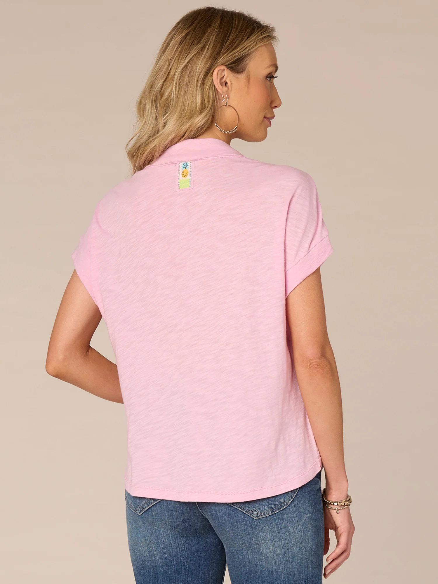 Short Sleeve Collared V-Placket Knit Top with Printed Pocket - Legahigh