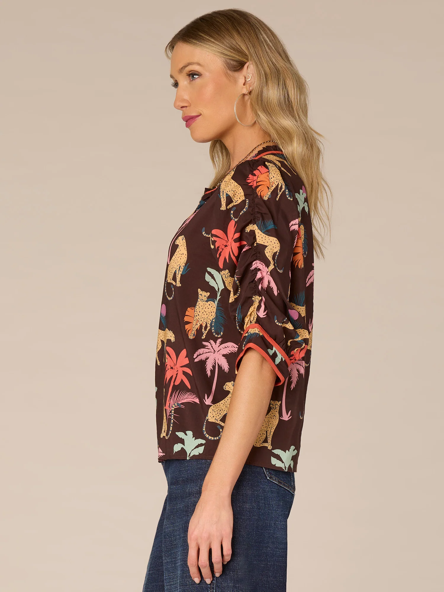 Below Elbow Sleeve Ruffle Split Neck Printed Woven Top - Legahigh