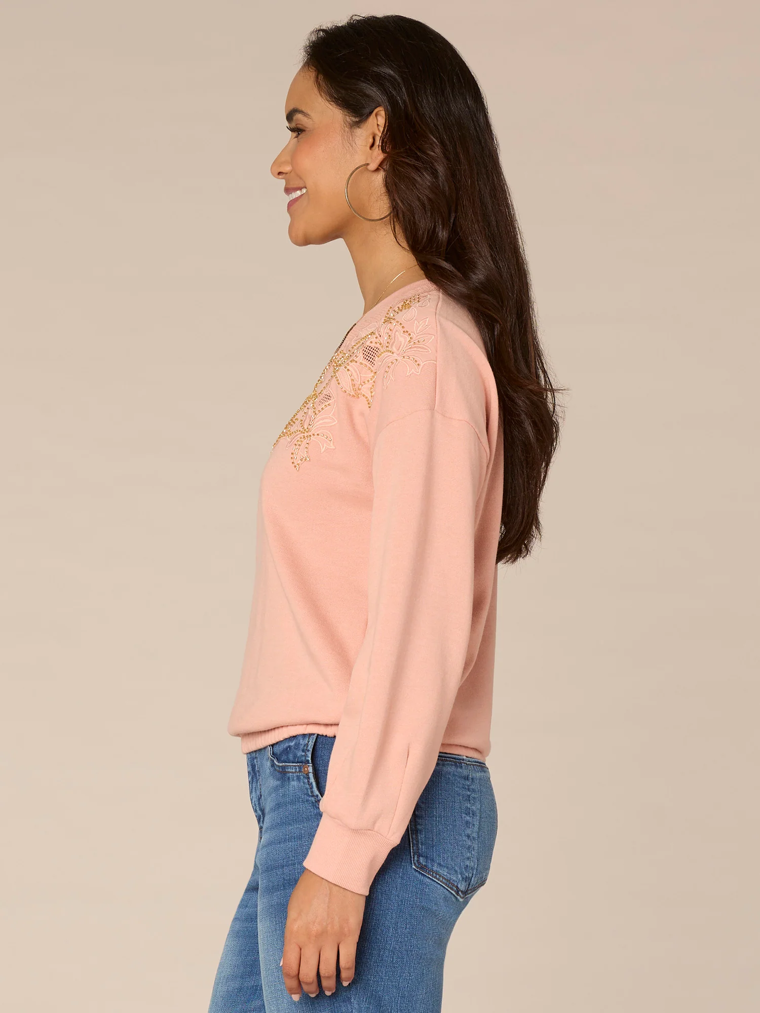 Long Banded Sleeve Scoop Neck Die Cut Beaded Embroidery Knit Top - Legahigh