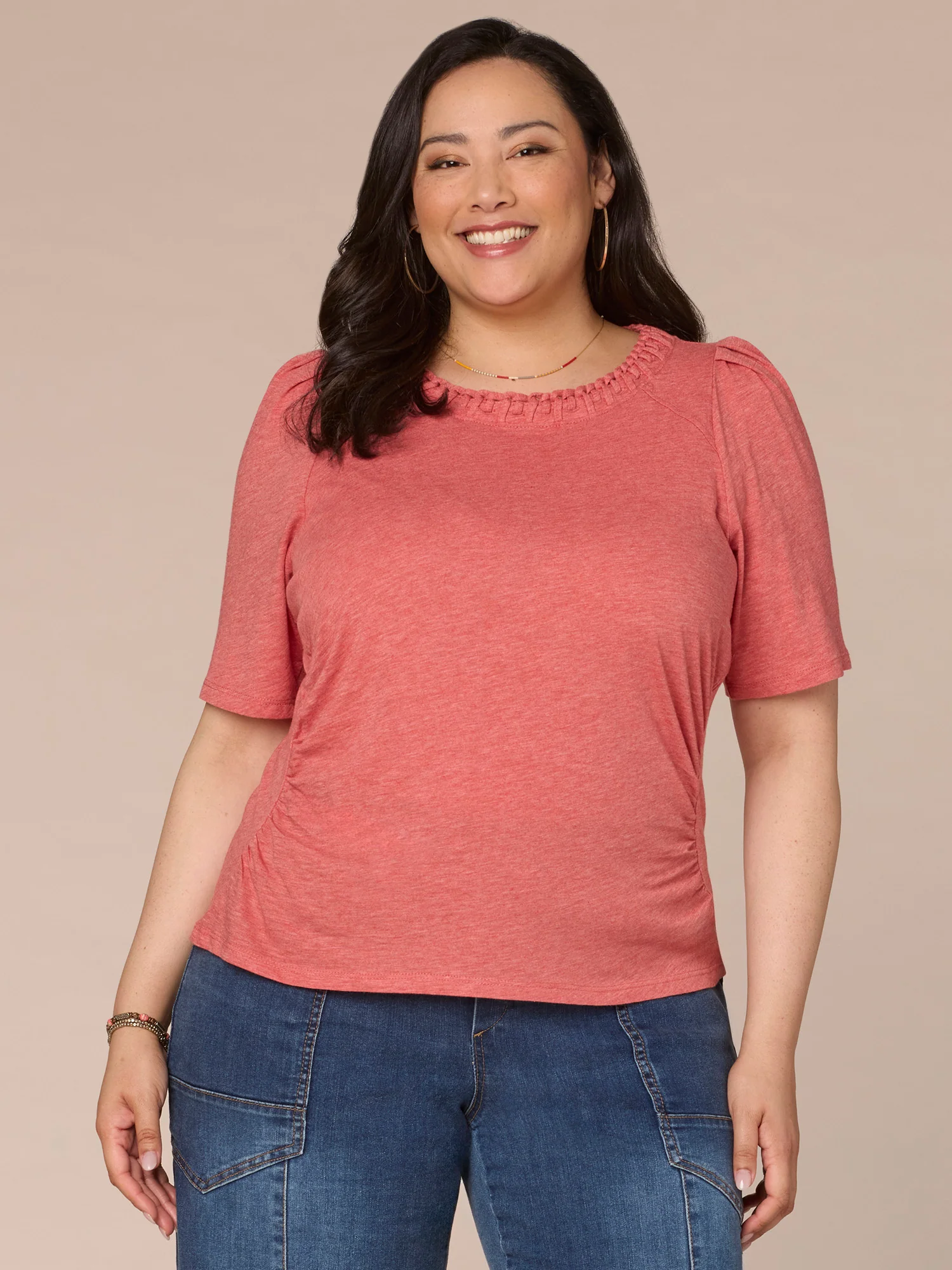 Pleated Elbow Sleeve Scoop Neck Plus Size Knit Top with Side Ruching - Legahigh