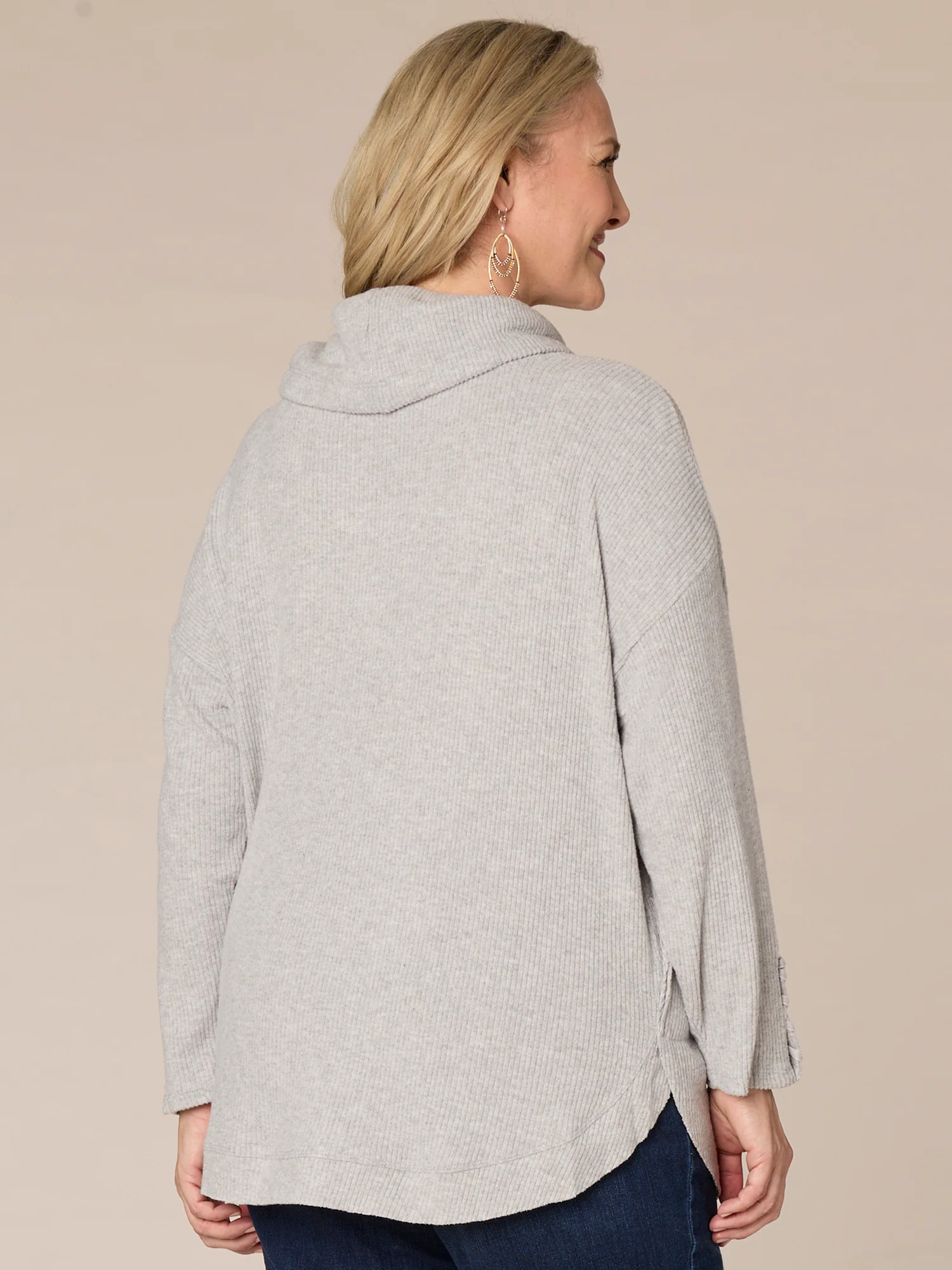 Long Sleeve Cowl Neck Mitered Front Plus Size Knit Tunic with Ties - Legahigh