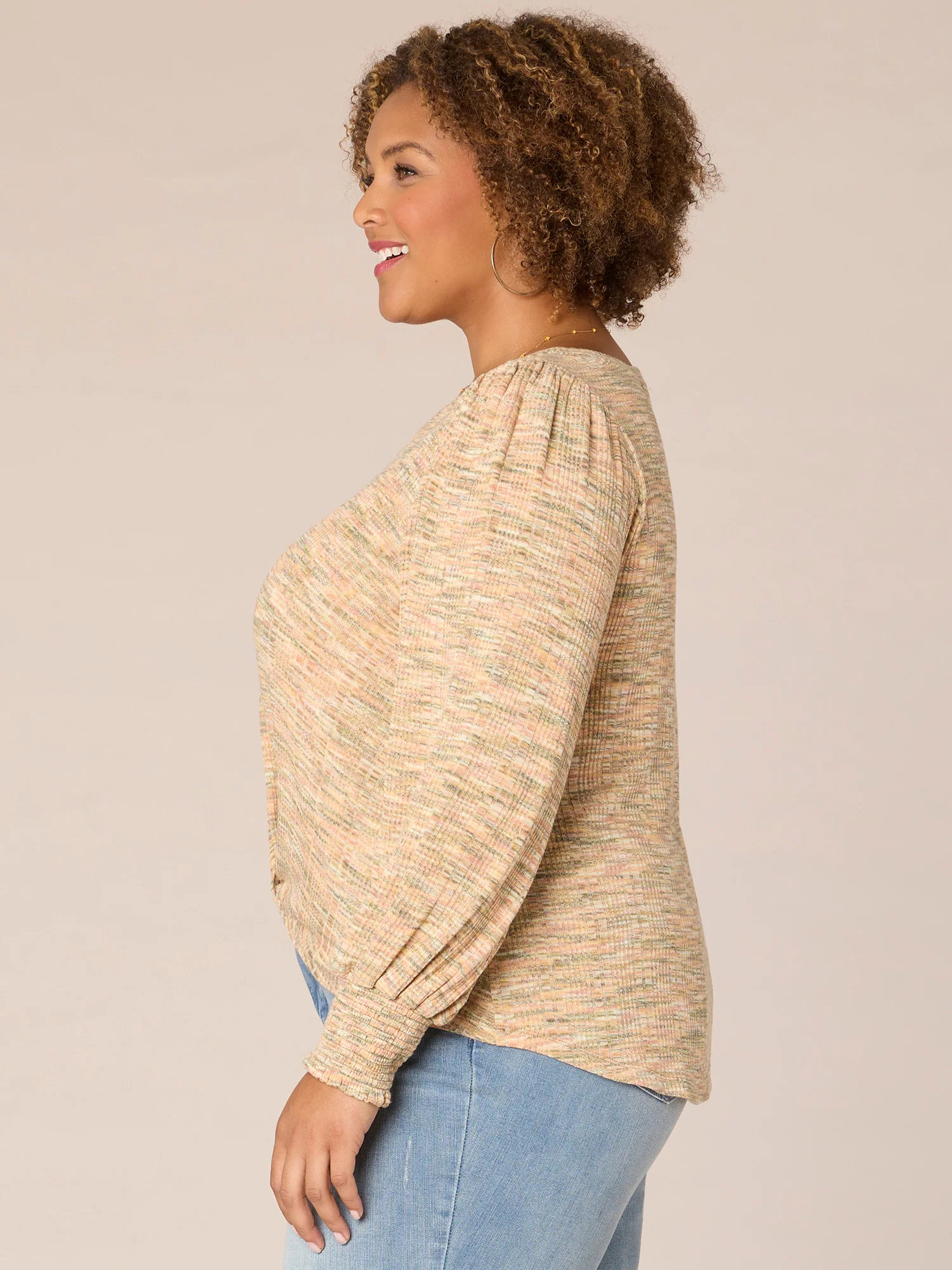 Long Blouson Sleeve V-Neck Twist Hem Space Dye Plus Size Knit Top - Legahigh