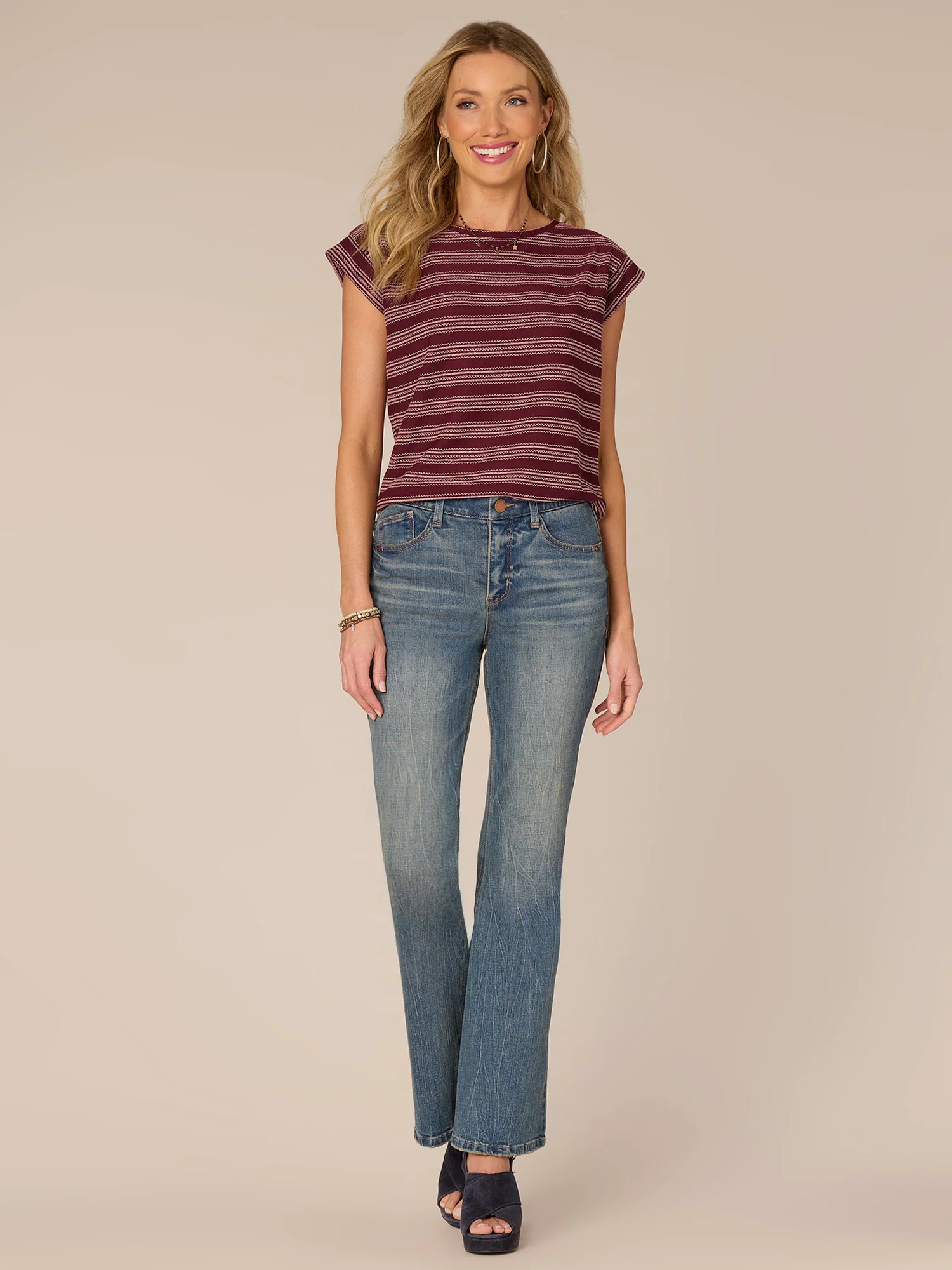 Cap Sleeve Scoop Neck Shirttail Hem Stripe Print Knit Top - Legahigh