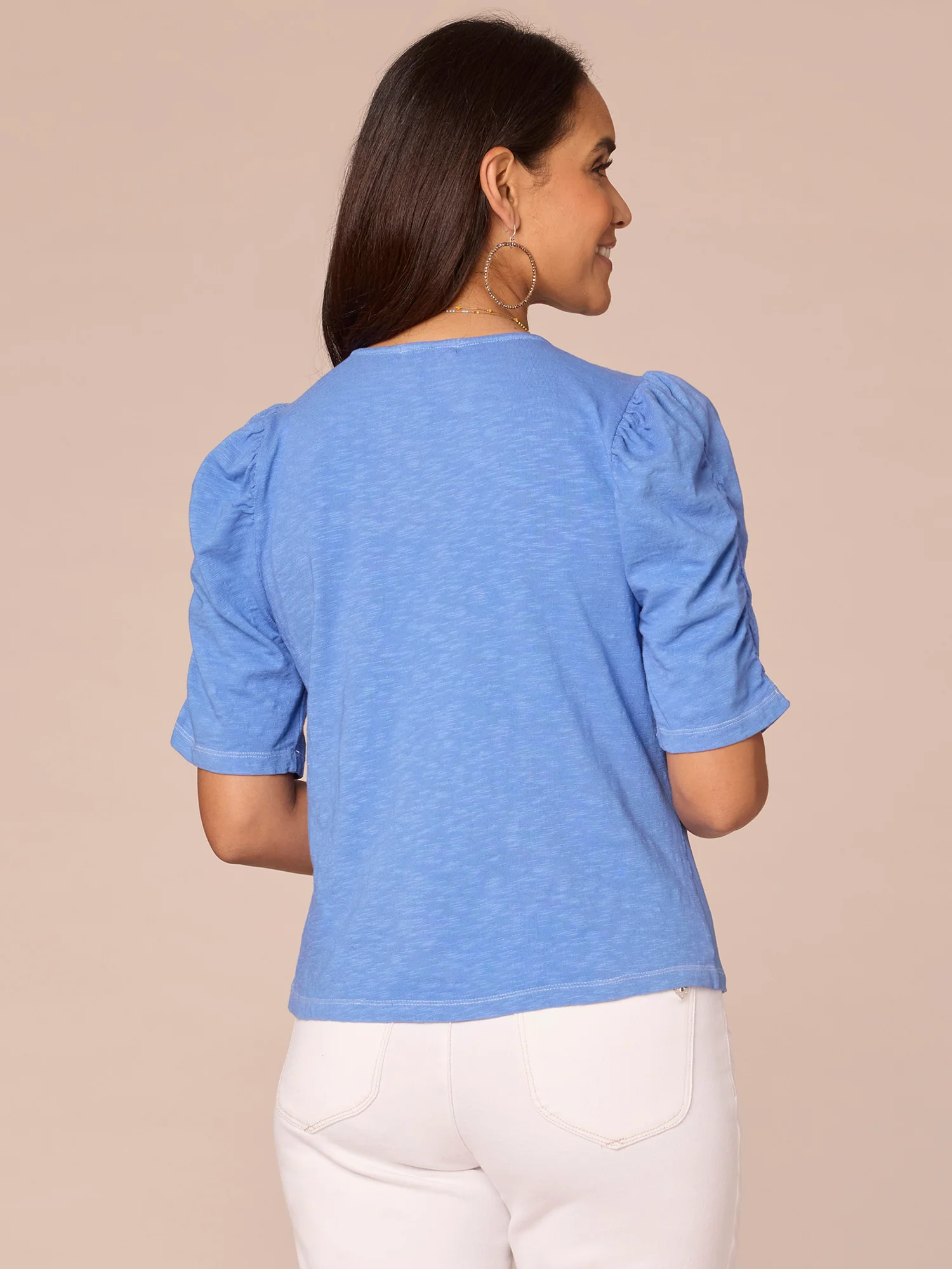 Elbow Shirred Puff Sleeve V-Neck Ruched Front Knit Top - Legahigh